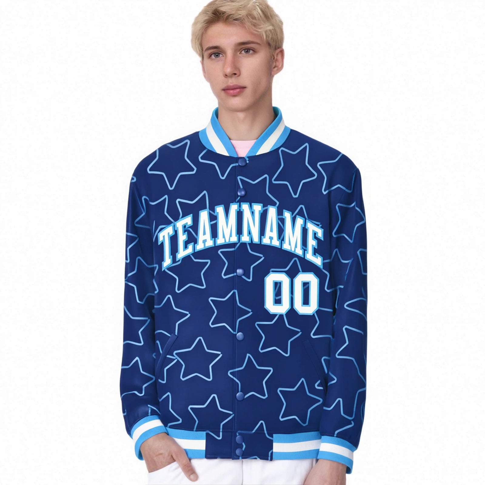 Custom Royal Blue White-Powder Blue Varsity Full-Snap Star Pattern Letterman Baseball Jacket