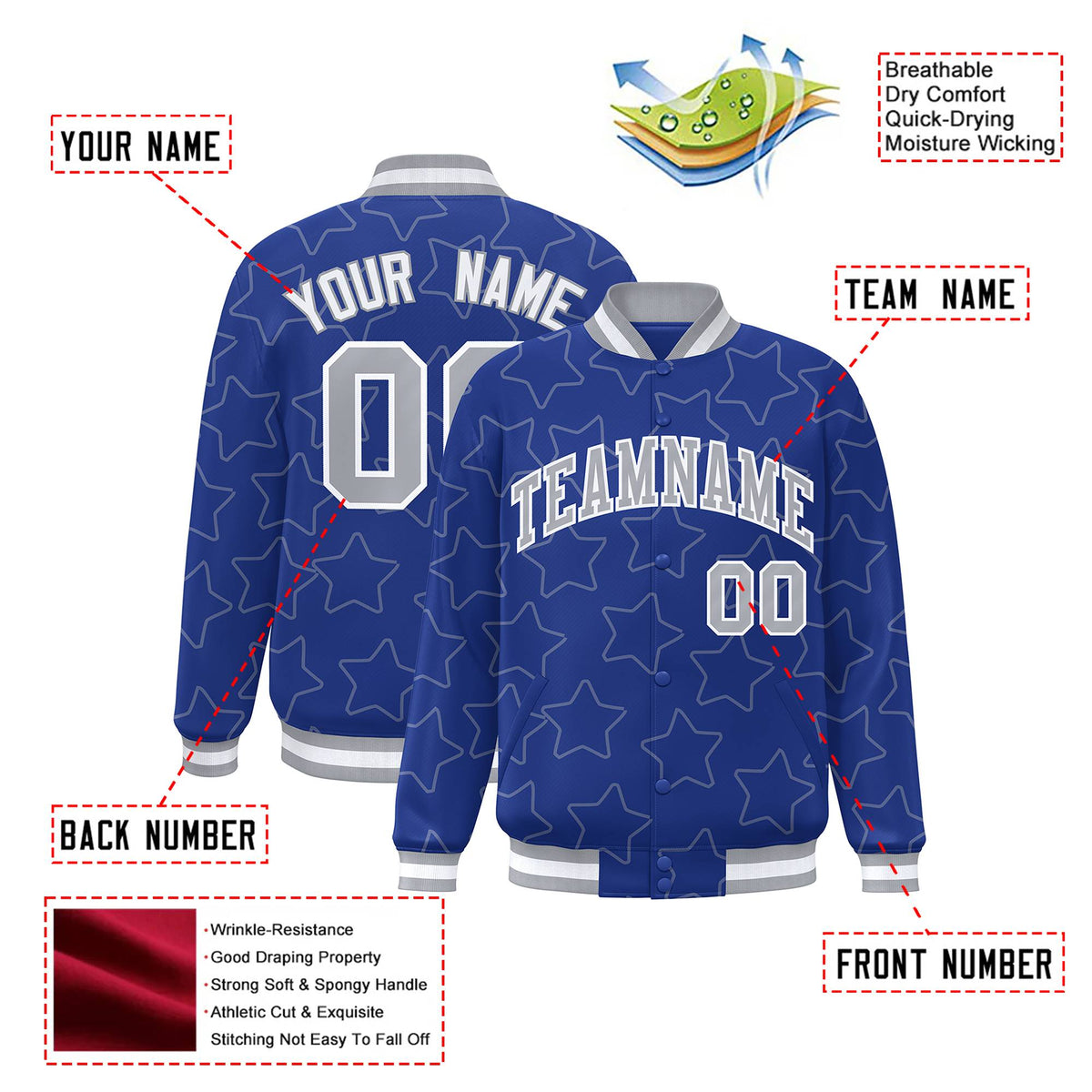 Custom Royal Blue Gray-White Varsity Full-Snap Star Pattern Letterman Baseball Jacket