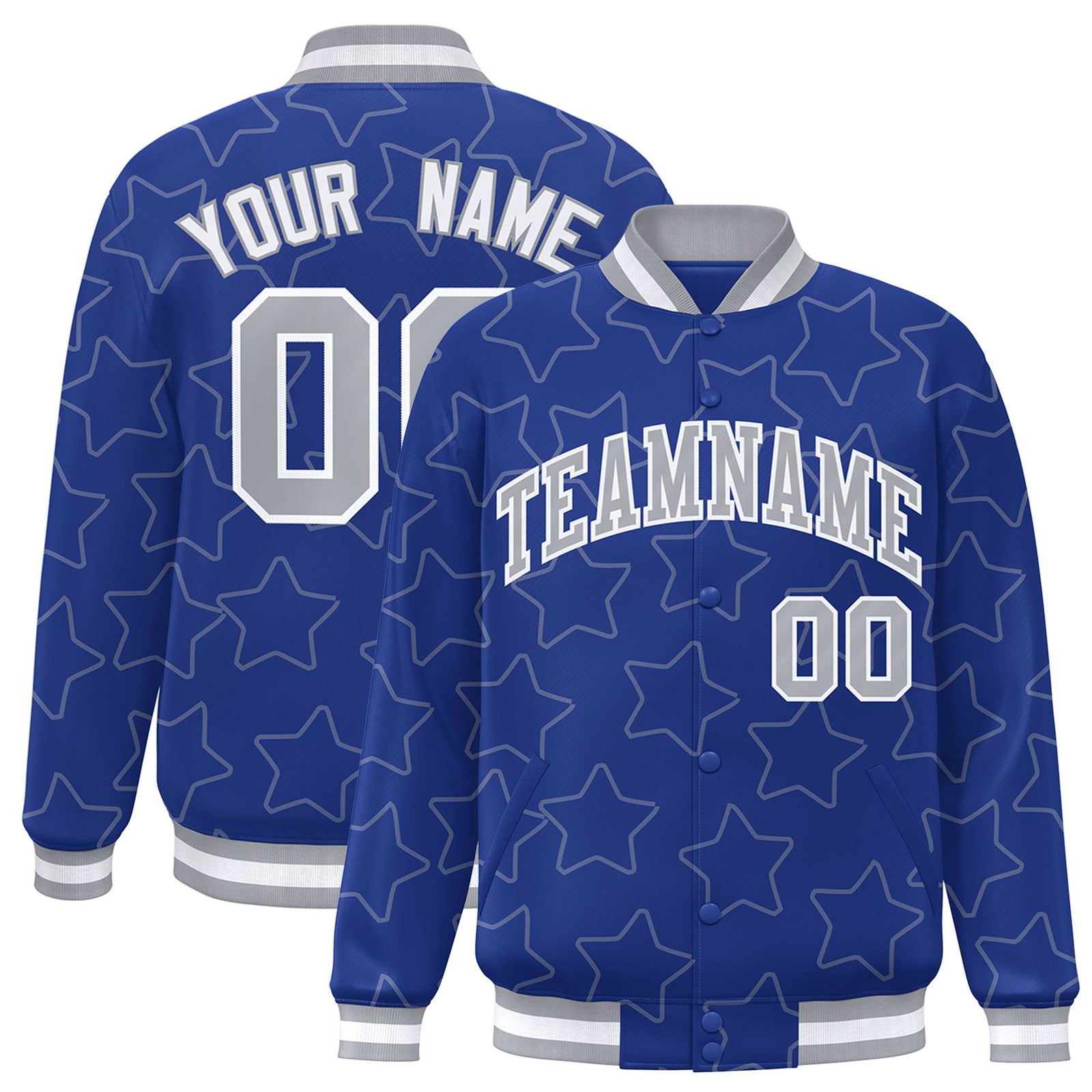 Custom Royal Blue Gray-White Varsity Full-Snap Star Pattern Letterman Baseball Jacket