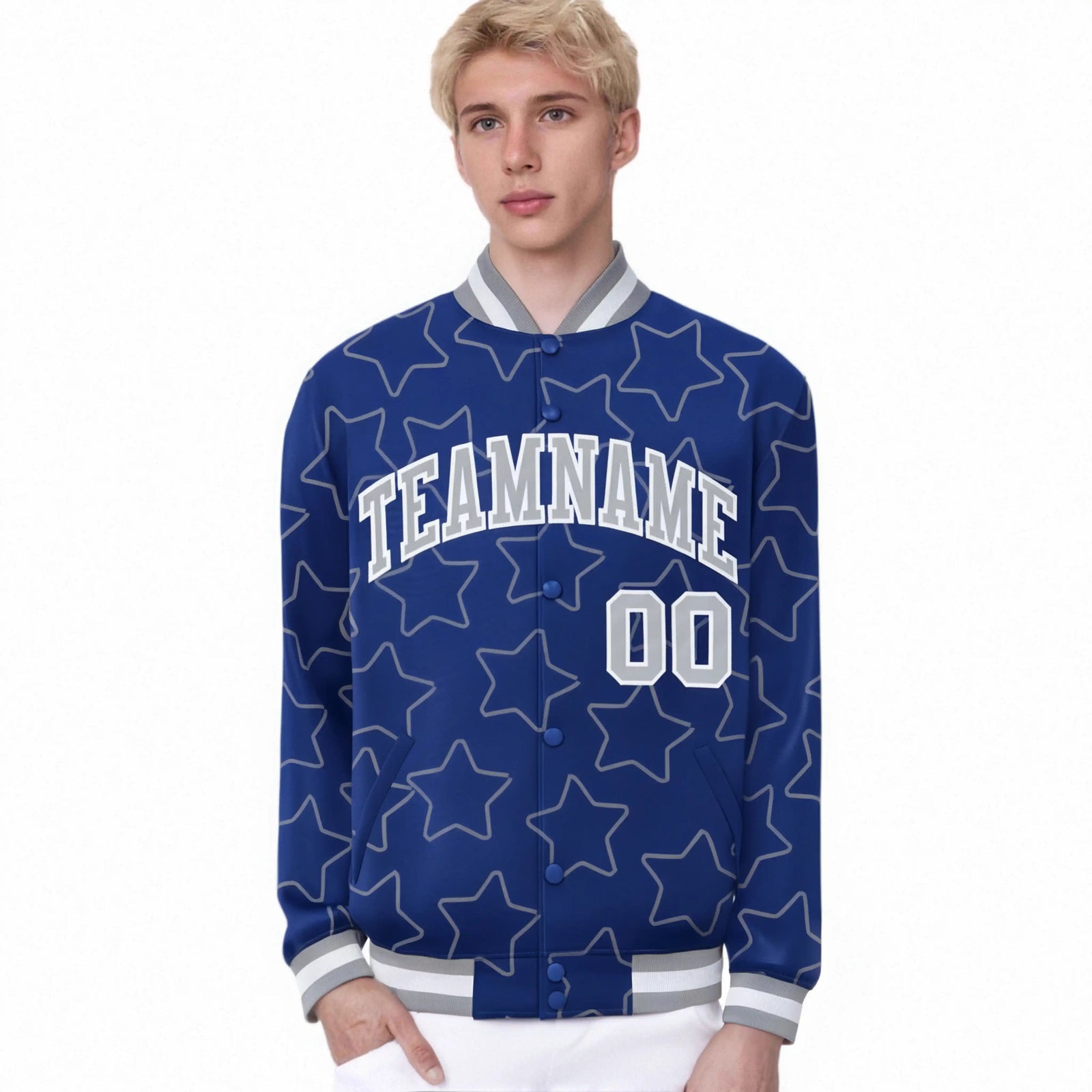 Custom Royal Blue Gray-White Varsity Full-Snap Star Pattern Letterman Baseball Jacket
