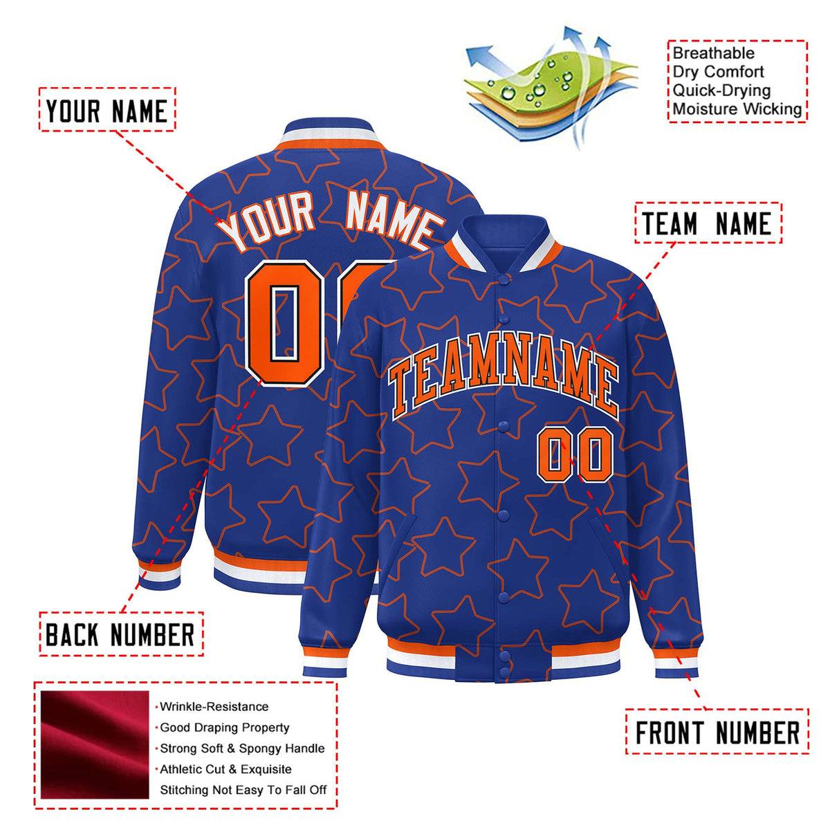 Custom Royal Blue Orange Varsity Full-Snap Star Pattern Letterman Baseball Jacket