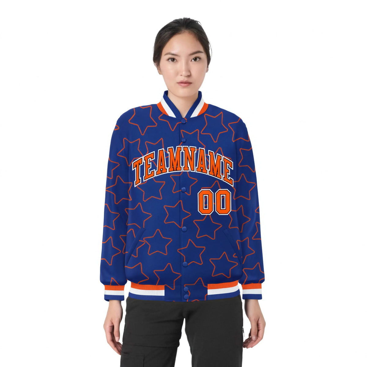 Custom Royal Blue Orange Varsity Full-Snap Star Pattern Letterman Baseball Jacket