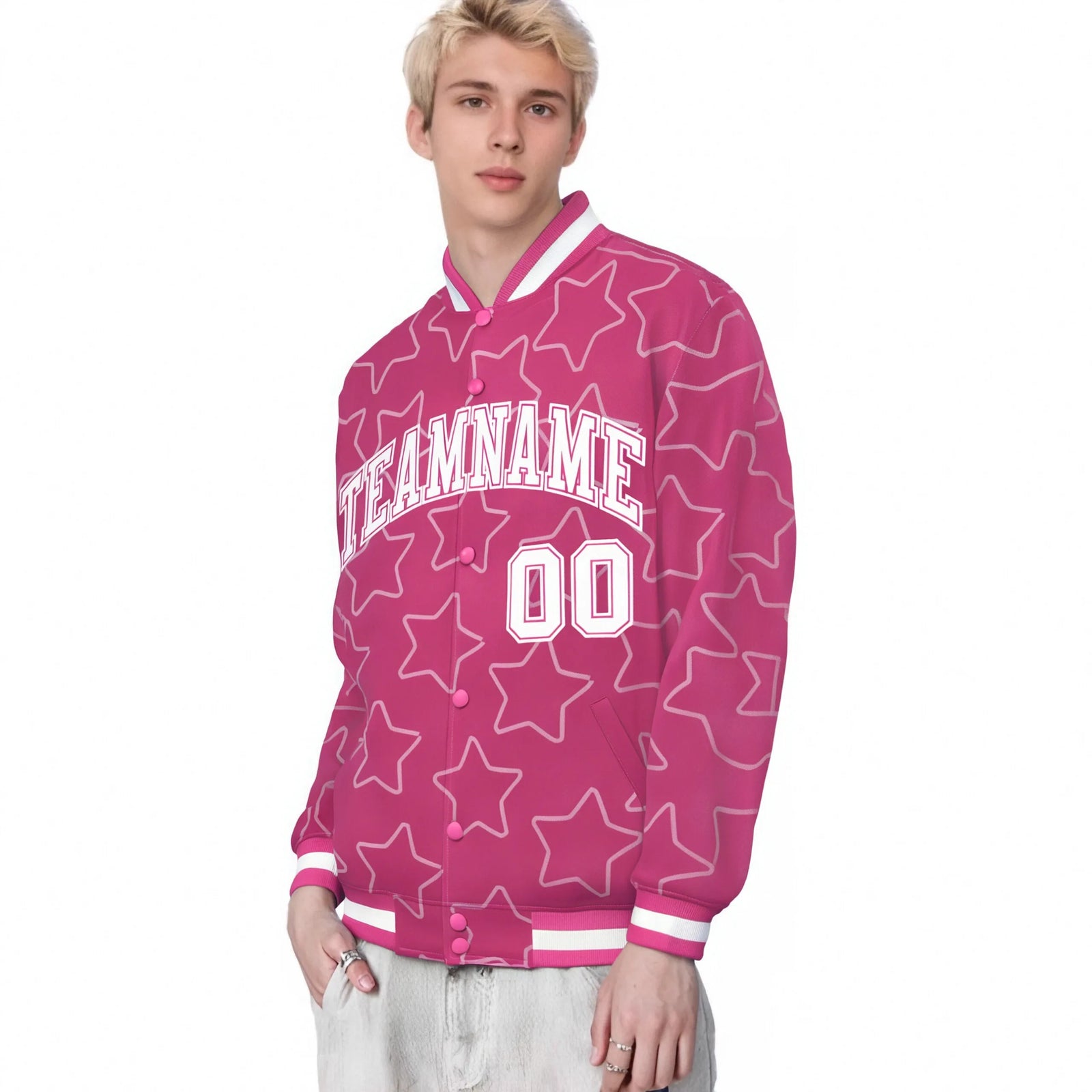 Custom Pink White Varsity Full-Snap Star Pattern Letterman Baseball Jacket