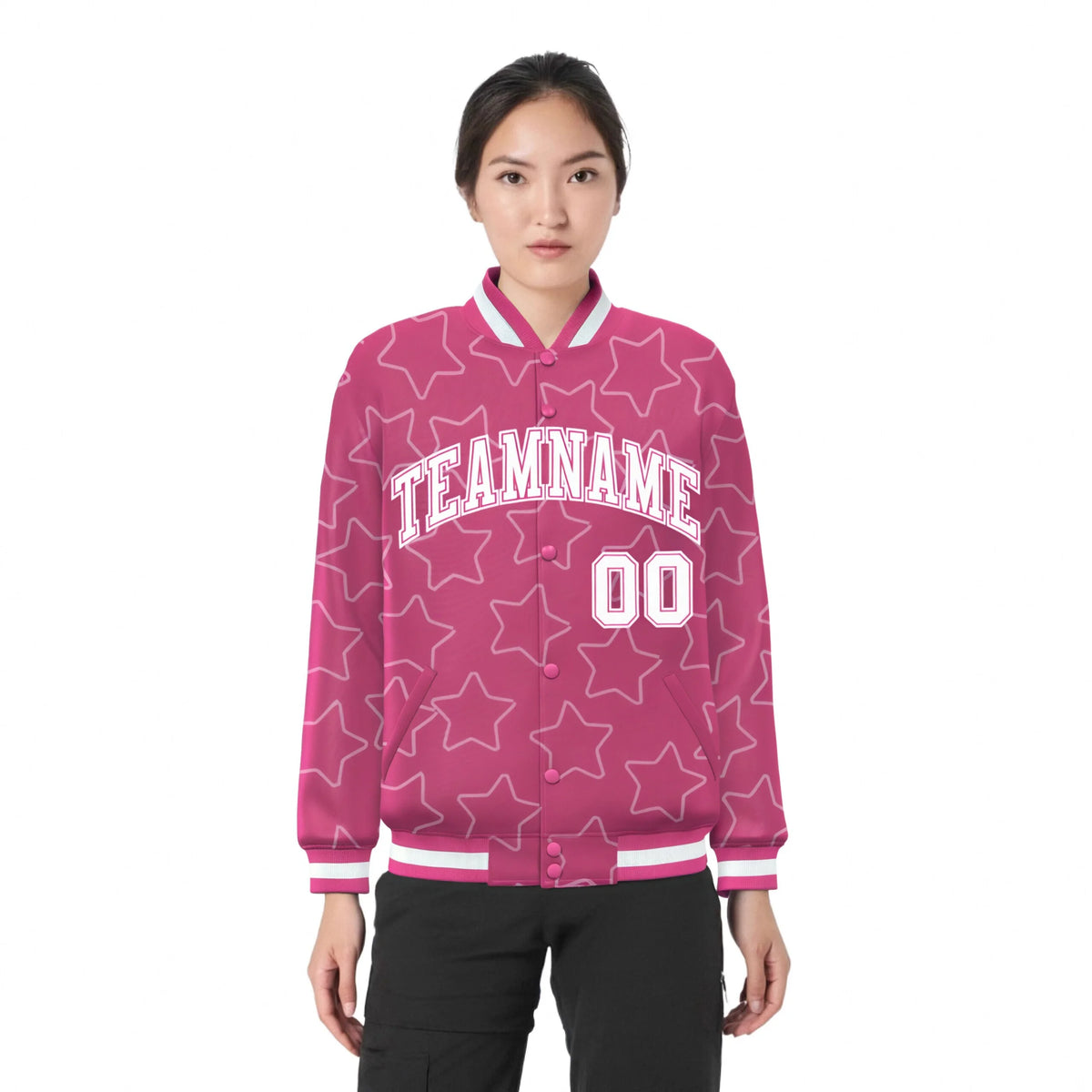 Custom Pink White Varsity Full-Snap Star Pattern Letterman Baseball Jacket