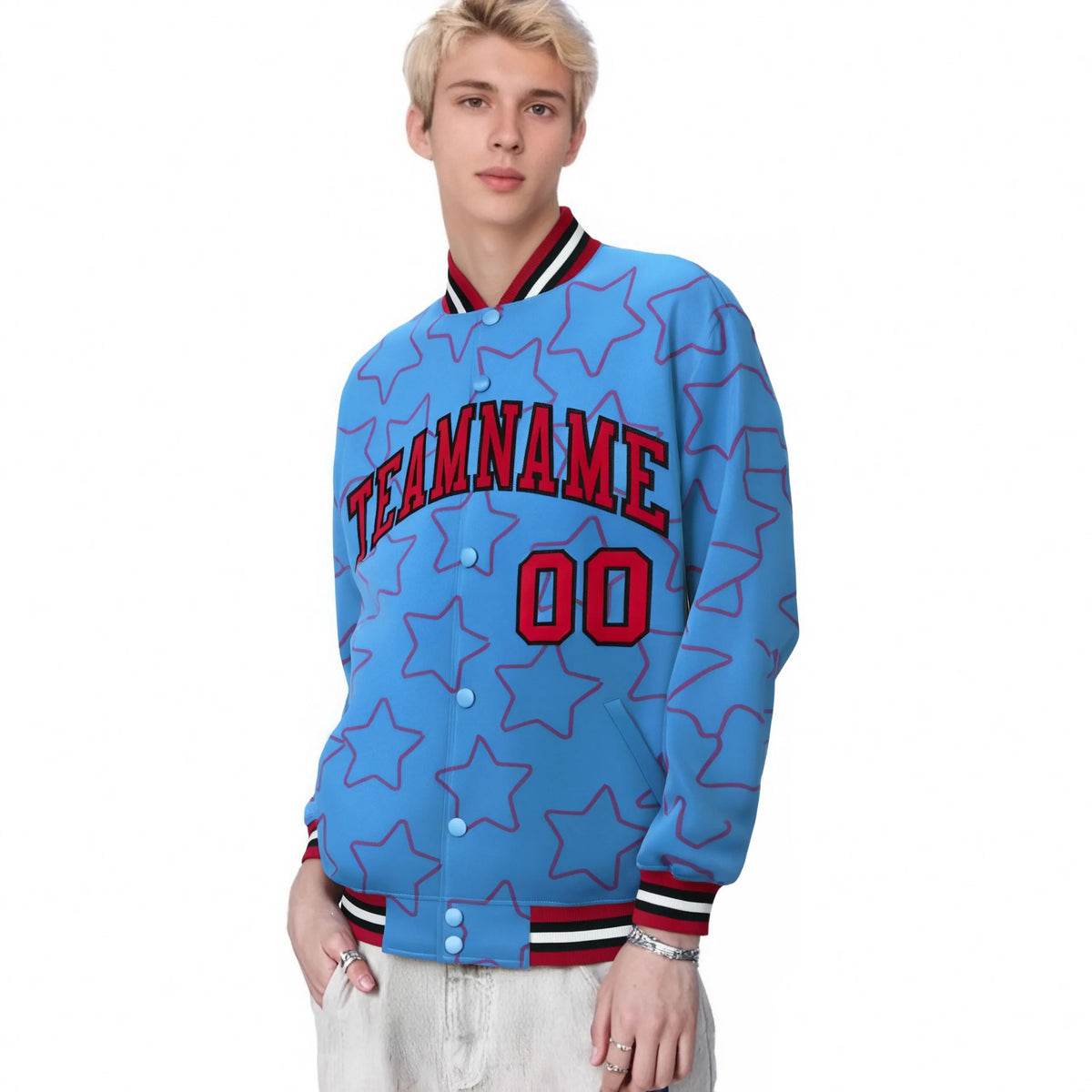 Custom Powder Blue Red-Black Varsity Full-Snap Star Pattern Letterman Baseball Jacket