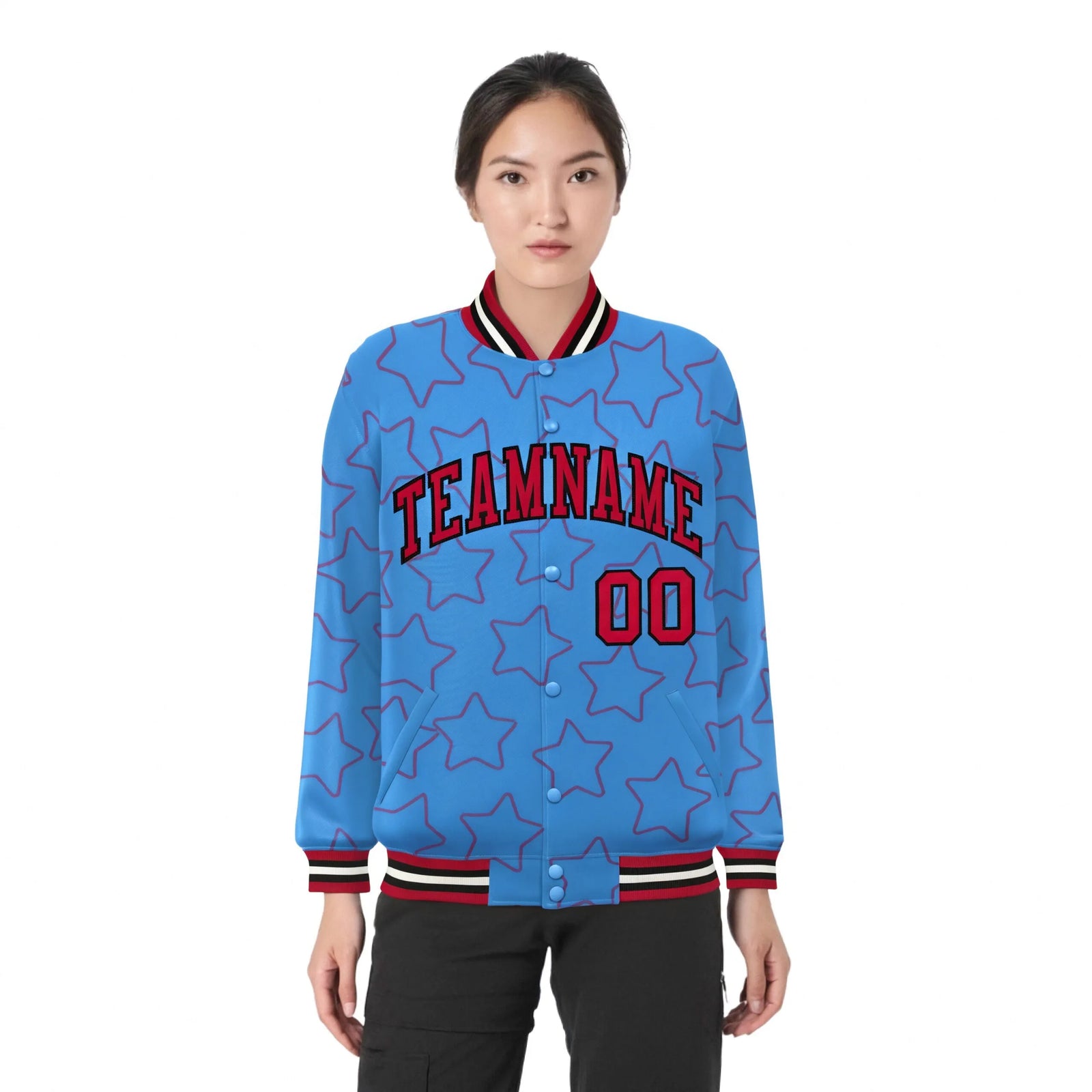 Custom Powder Blue Red-Black Varsity Full-Snap Star Pattern Letterman Baseball Jacket