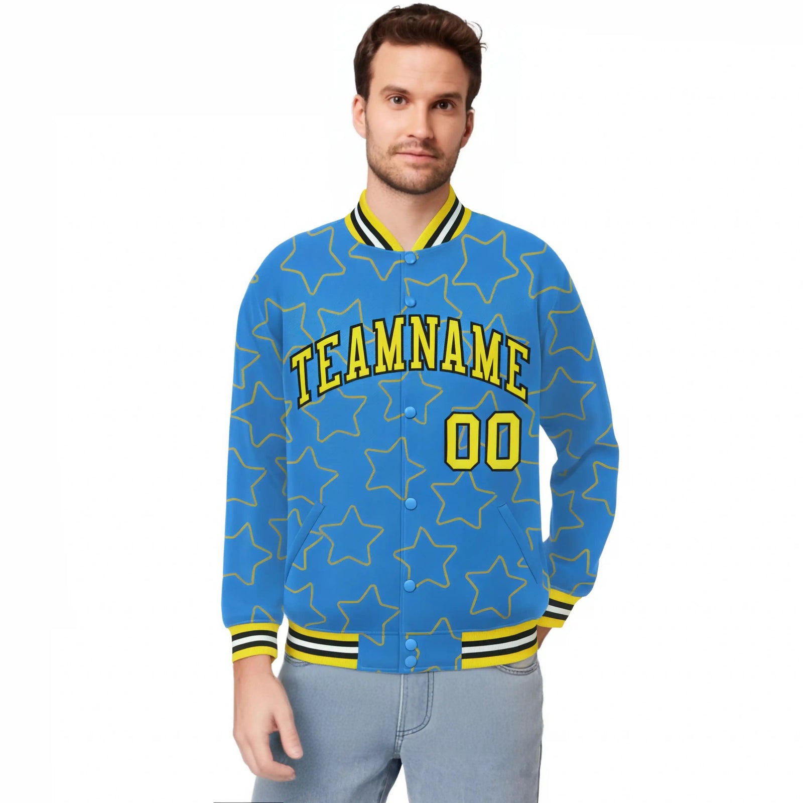 Custom Powder Blue Gold-Black Varsity Full-Snap Star Pattern Letterman Baseball Jacket