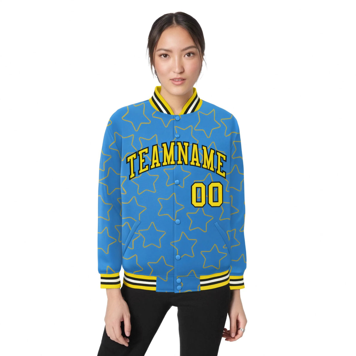 Custom Powder Blue Gold-Black Varsity Full-Snap Star Pattern Letterman Baseball Jacket