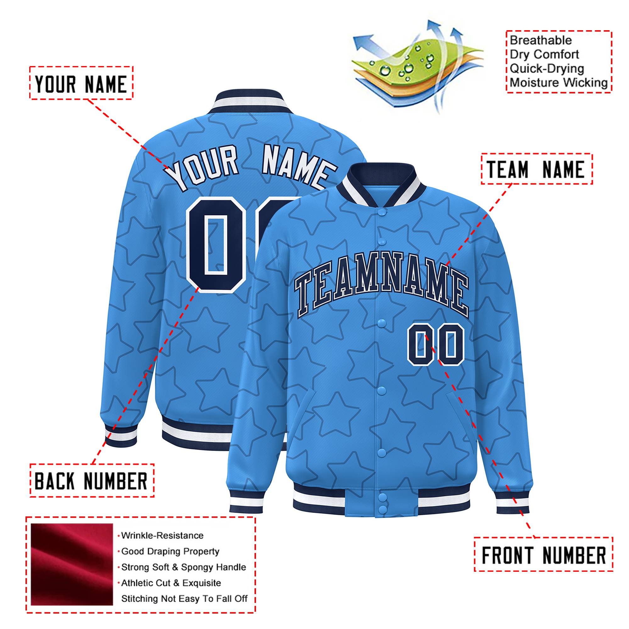 Custom Powder Blue Navy-White Varsity Full-Snap Star Pattern Letterman Baseball Jacket