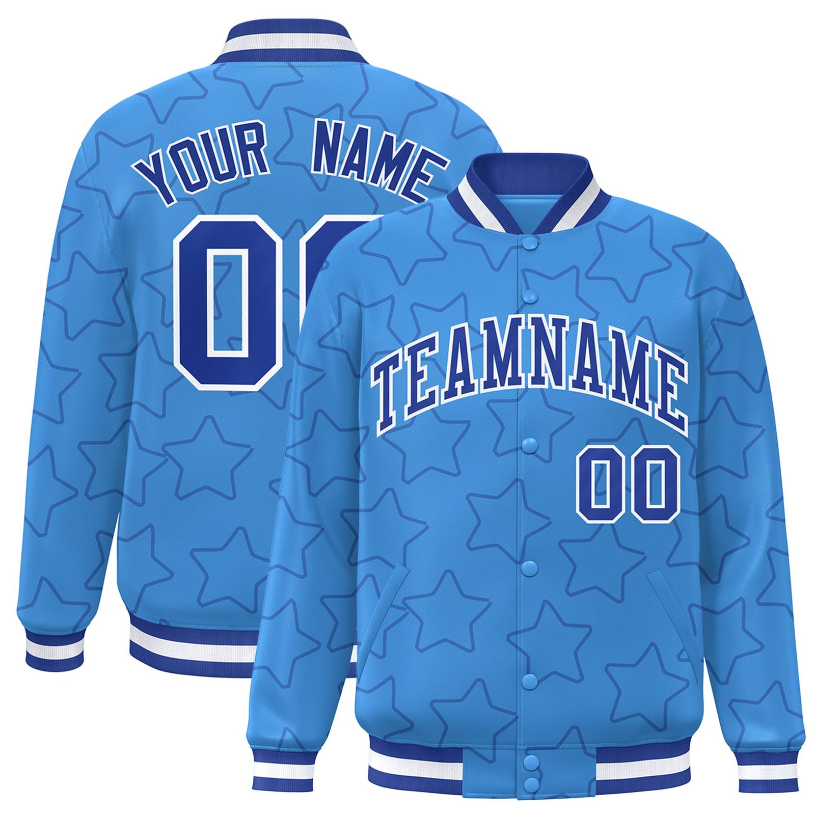 Custom Powder Blue Royal Blue-White Varsity Full-Snap Star Pattern Letterman Baseball Jacket