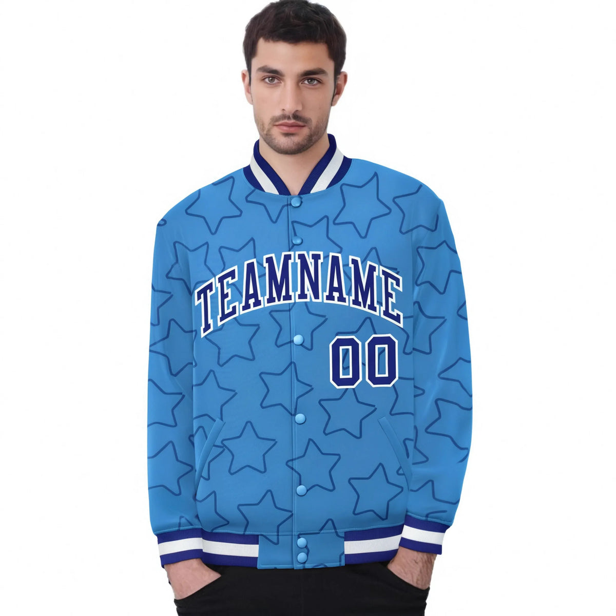 Custom Powder Blue Royal Blue-White Varsity Full-Snap Star Pattern Letterman Baseball Jacket
