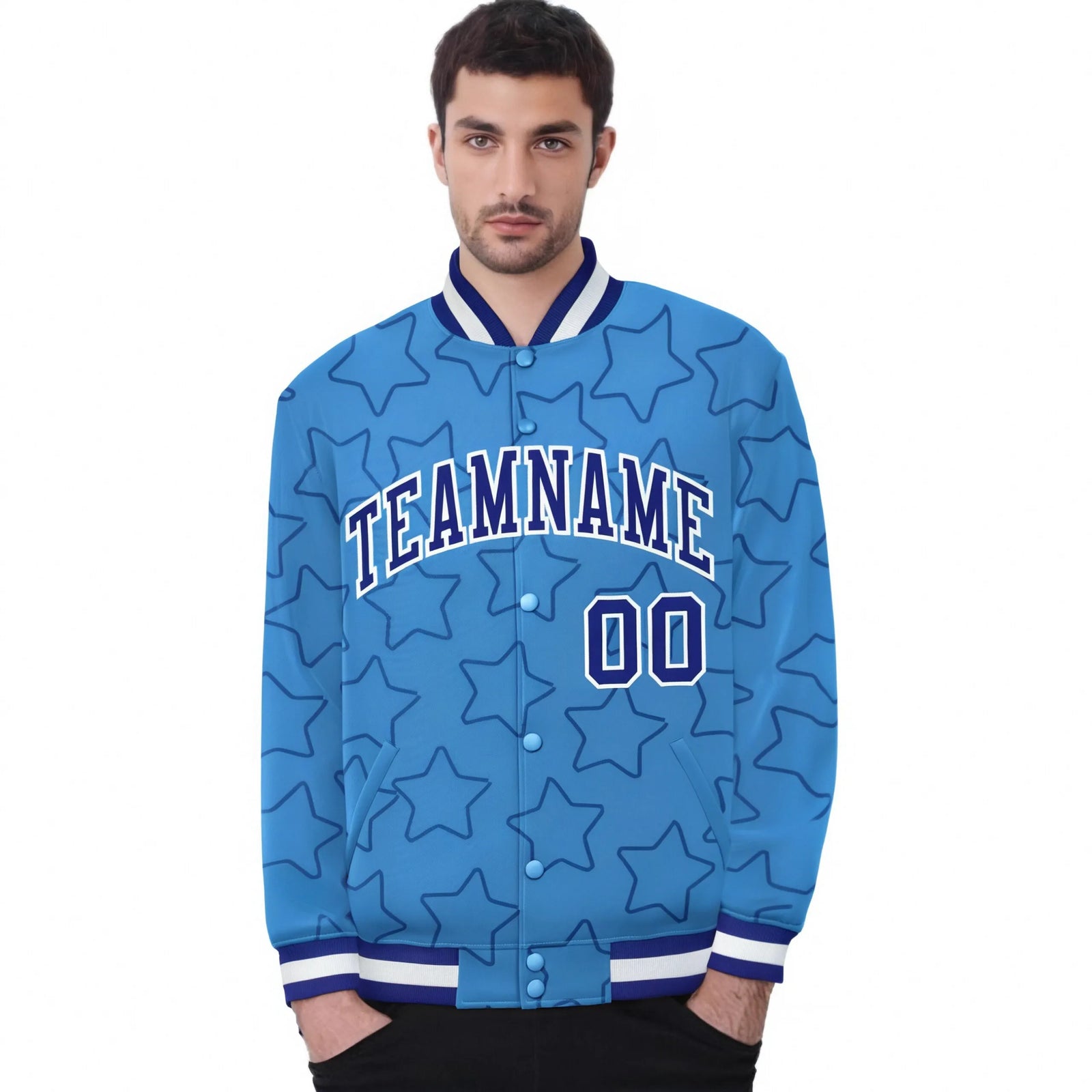 Custom Powder Blue Royal Blue-White Varsity Full-Snap Star Pattern Letterman Baseball Jacket