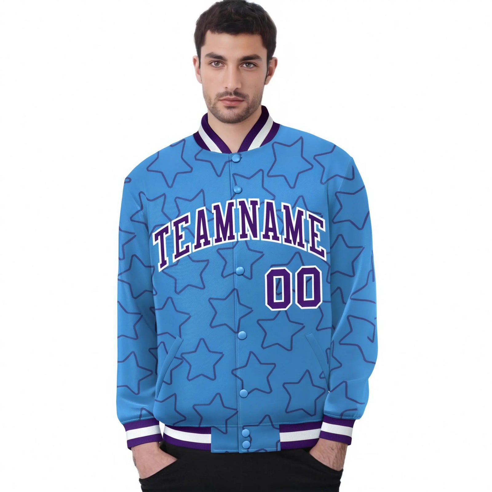 Custom Powder Blue Purple-White Varsity Full-Snap Star Pattern Letterman Baseball Jacket