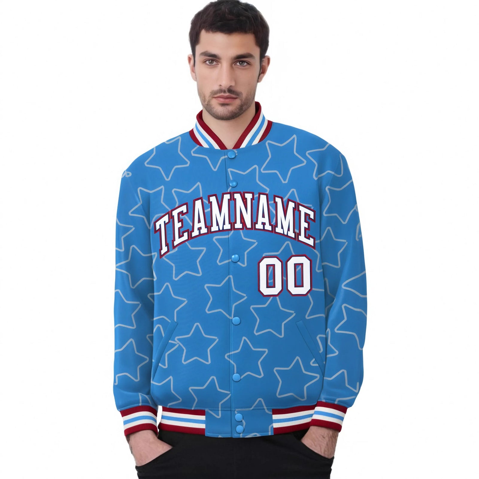 Custom Powder Blue White-Red Varsity Full-Snap Star Pattern Letterman Baseball Jacket