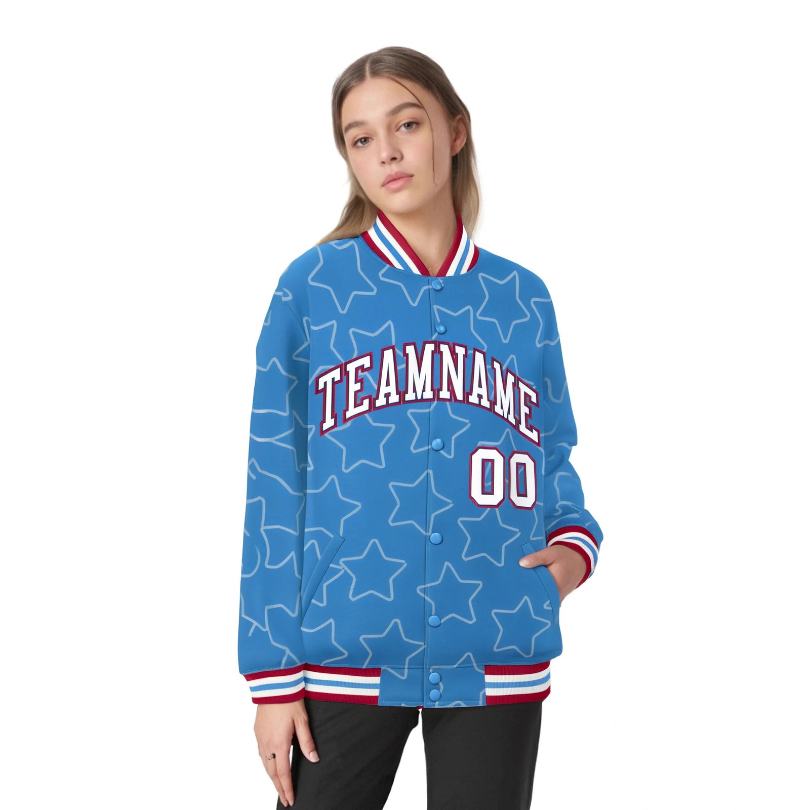 Custom Powder Blue White-Red Varsity Full-Snap Star Pattern Letterman Baseball Jacket