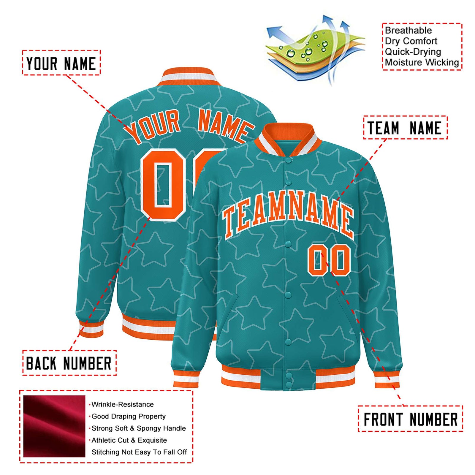 Custom Aqua Orange-White Varsity Full-Snap Star Pattern Letterman Baseball Jacket