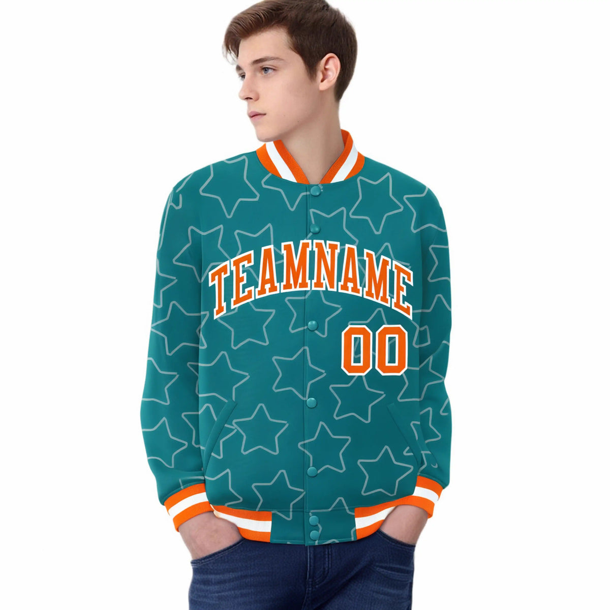 Custom Aqua Orange-White Varsity Full-Snap Star Pattern Letterman Baseball Jacket