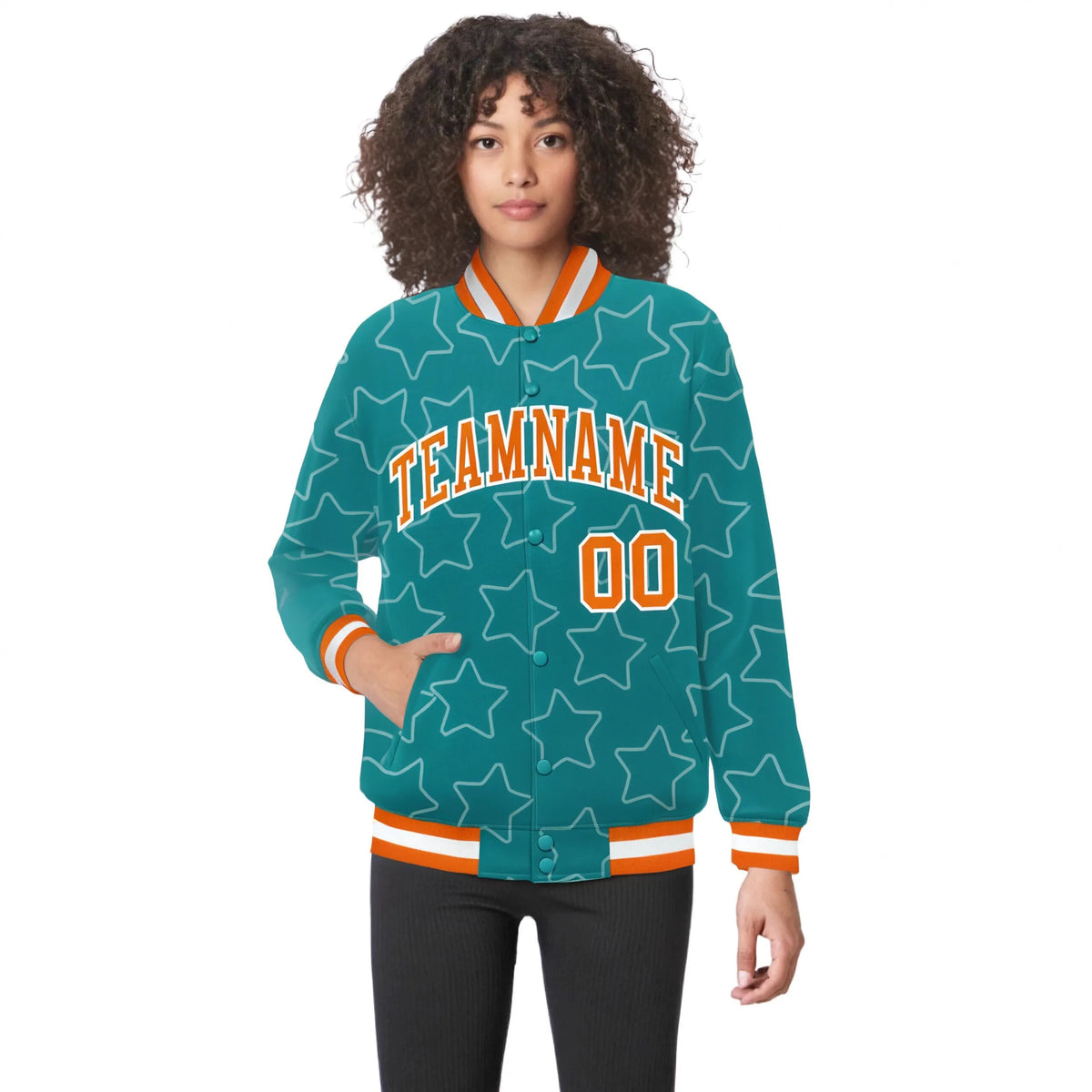 Custom Aqua Orange-White Varsity Full-Snap Star Pattern Letterman Baseball Jacket