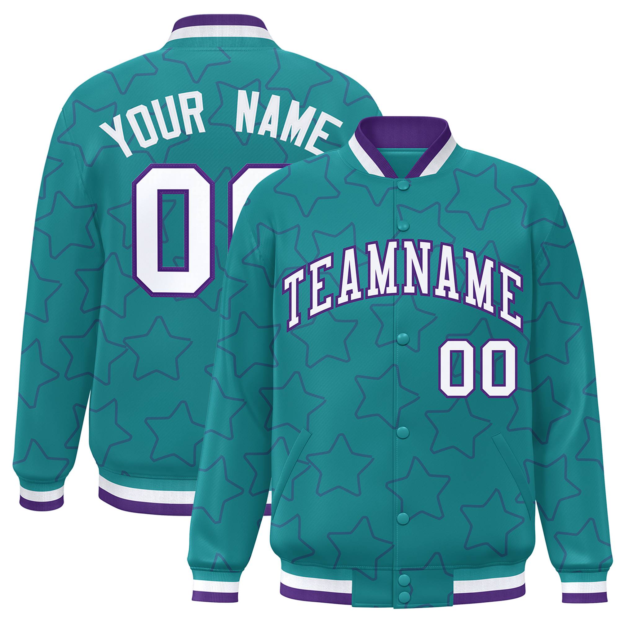 Custom Aqua White-Purple Varsity Full-Snap Star Pattern Letterman Baseball Jacket