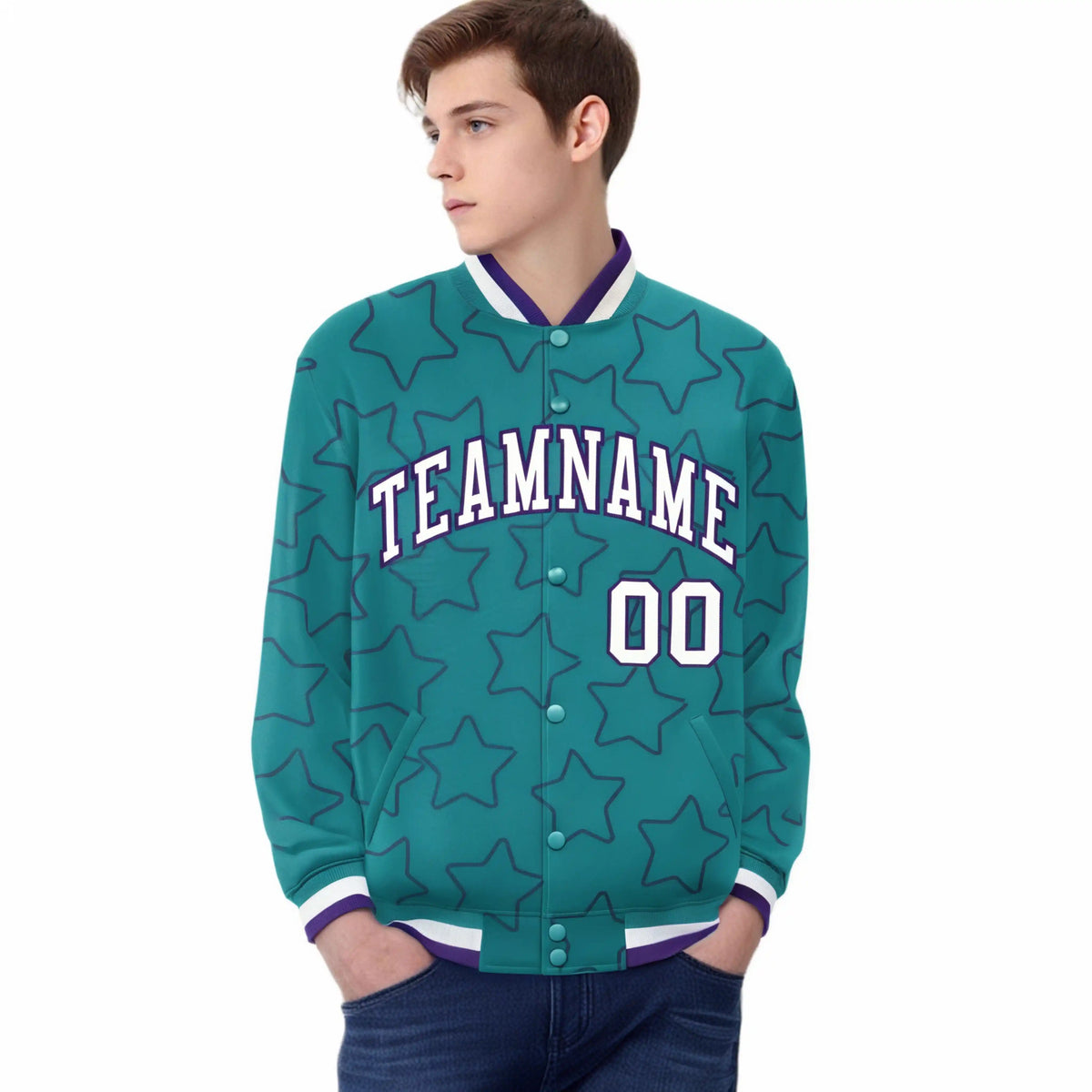 Custom Aqua White-Purple Varsity Full-Snap Star Pattern Letterman Baseball Jacket