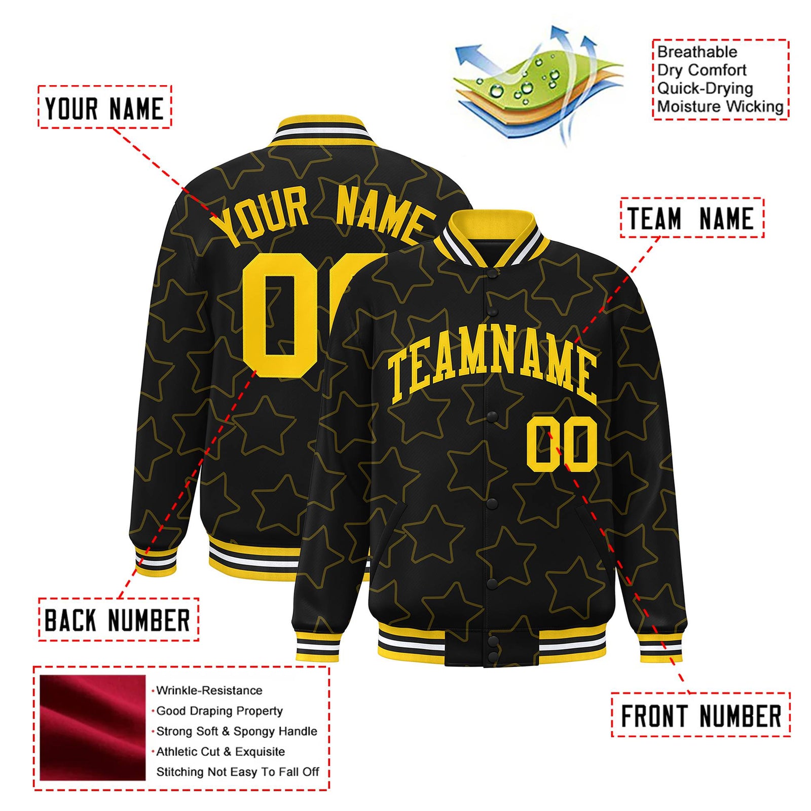 Custom Black Gold Varsity Full-Snap Star Pattern Letterman Baseball Jacket