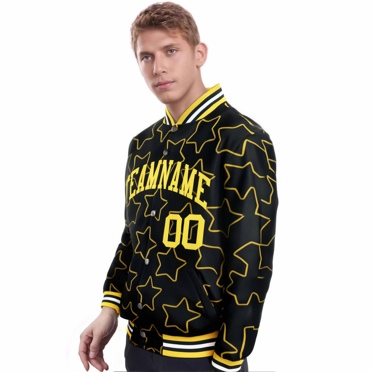 Custom Black Gold Varsity Full-Snap Star Pattern Letterman Baseball Jacket