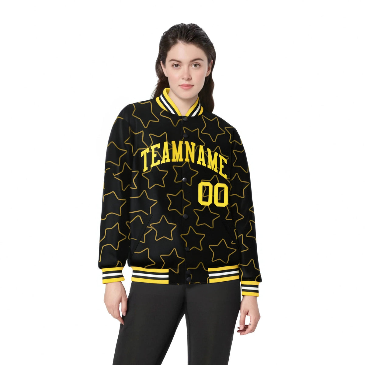 Custom Black Gold Varsity Full-Snap Star Pattern Letterman Baseball Jacket