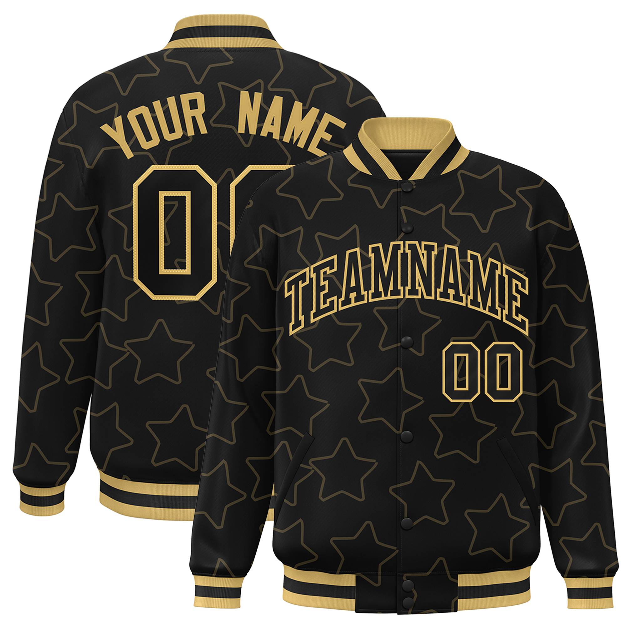 Custom Black Old-Gold Varsity Full-Snap Star Pattern Letterman Baseball Jacket