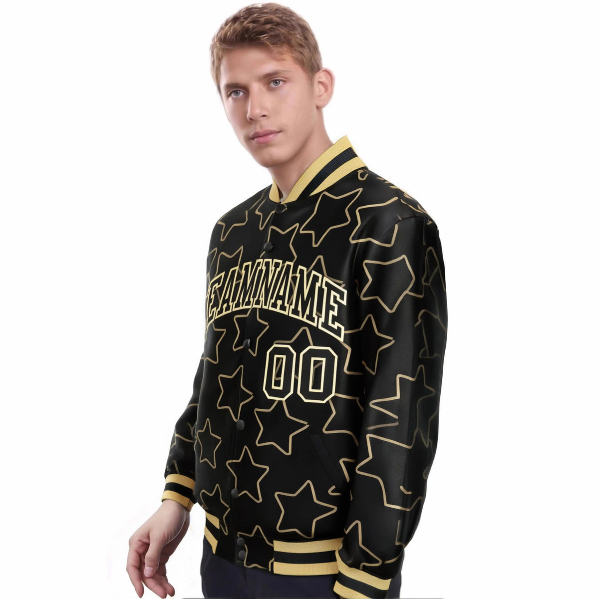 Custom Black Old-Gold Varsity Full-Snap Star Pattern Letterman Baseball Jacket