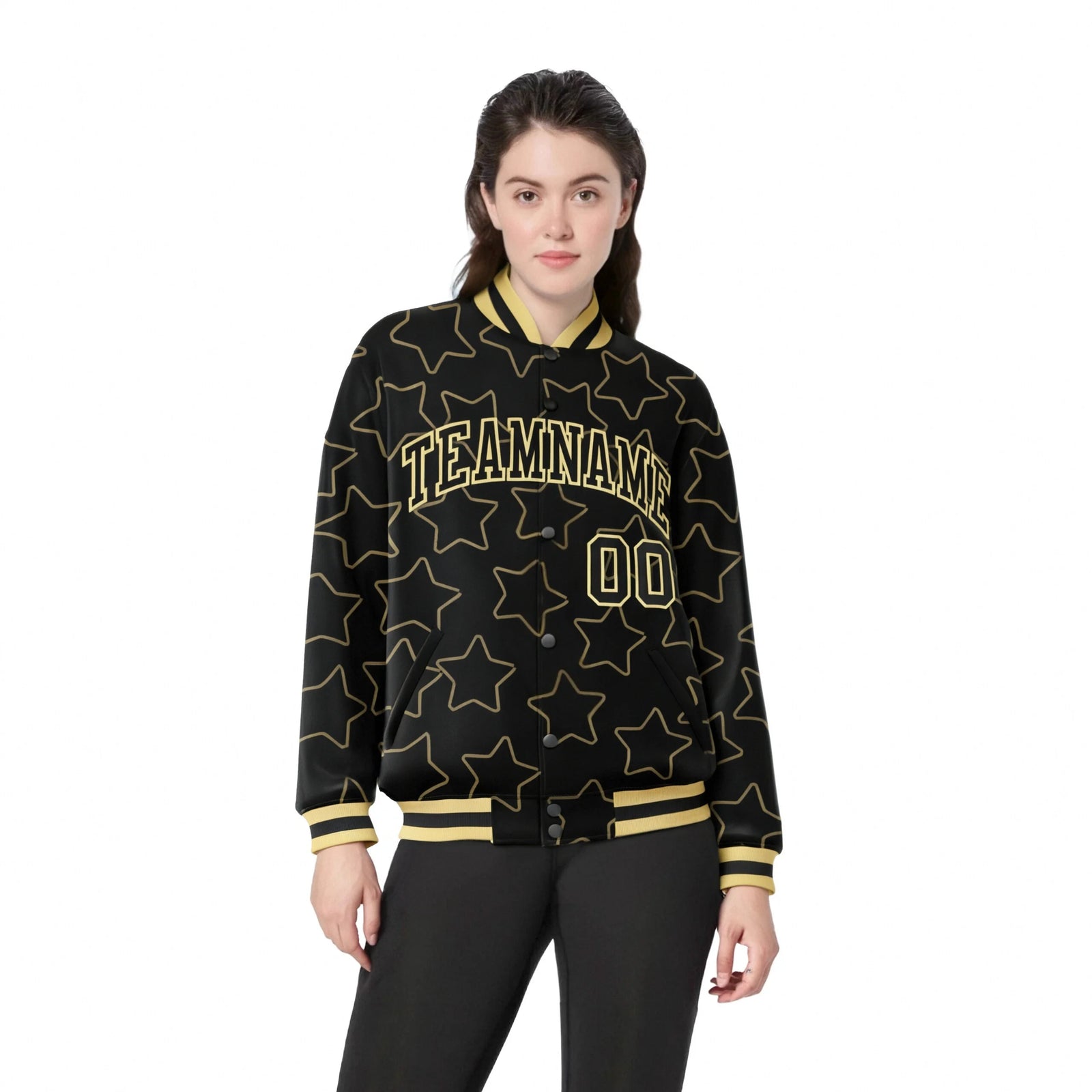 Custom Black Old-Gold Varsity Full-Snap Star Pattern Letterman Baseball Jacket
