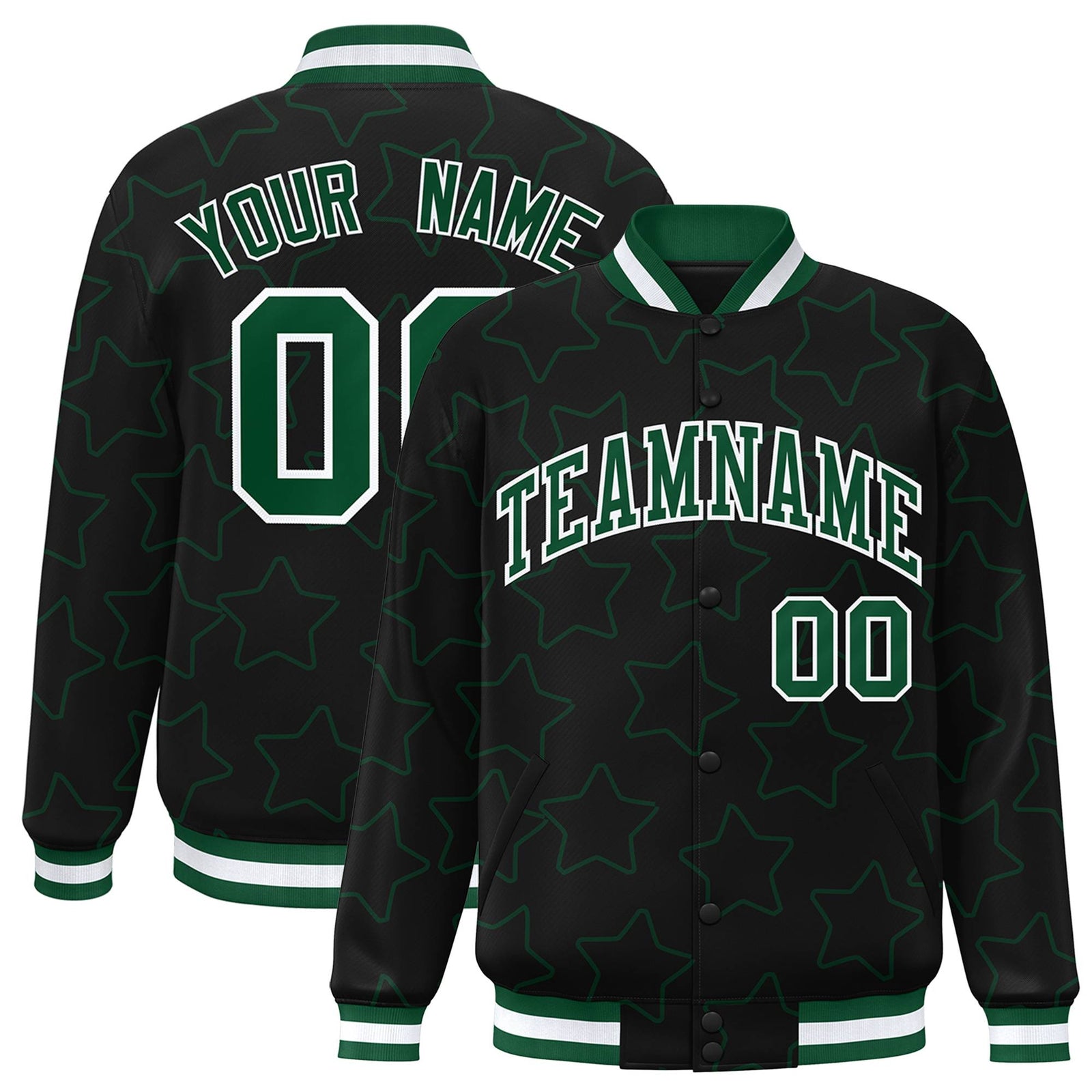 Custom Black Green-White Varsity Full-Snap Star Pattern Letterman Baseball Jacket