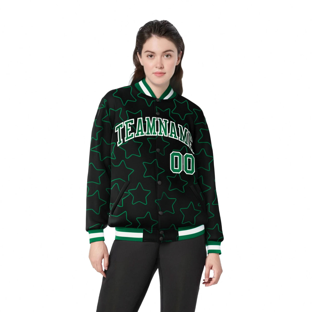 Custom Black Green-White Varsity Full-Snap Star Pattern Letterman Baseball Jacket