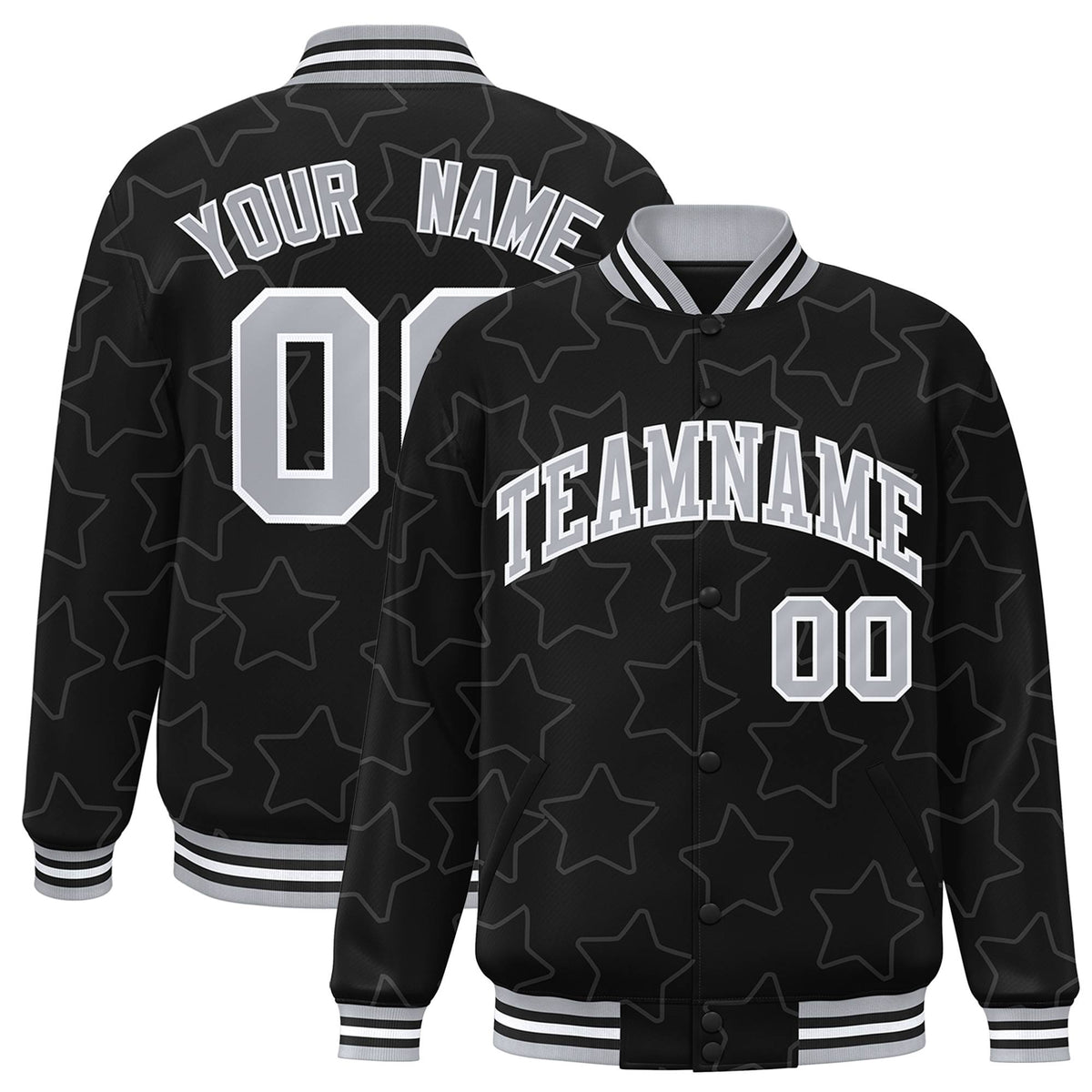 Custom Black Gray-White Varsity Full-Snap Star Pattern Letterman Baseball Jacket