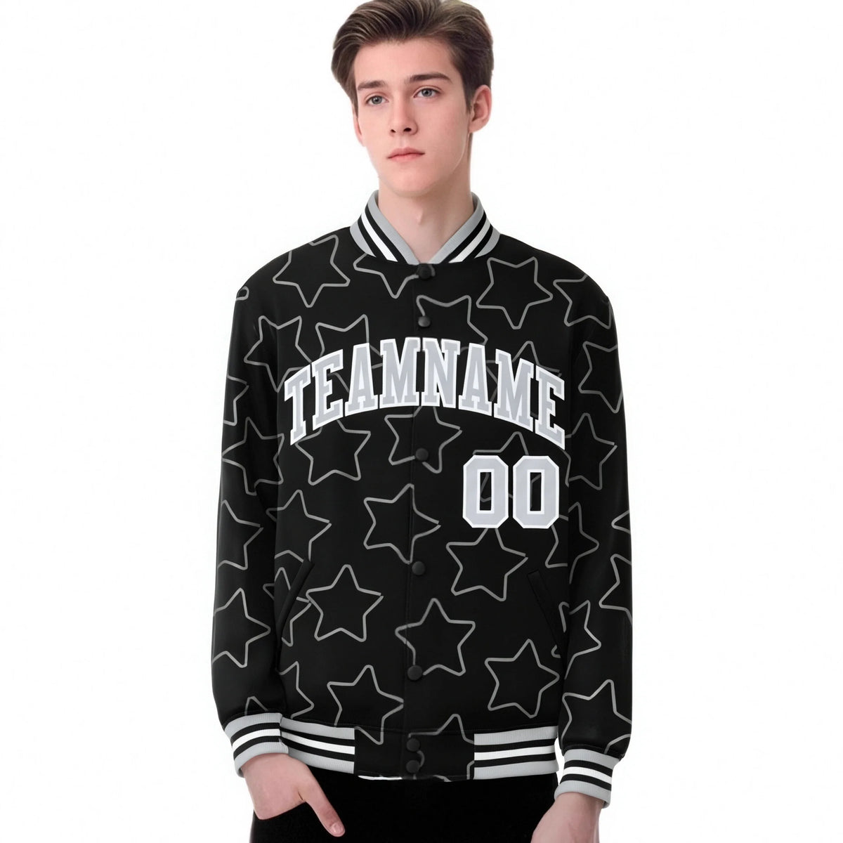 Custom Black Gray-White Varsity Full-Snap Star Pattern Letterman Baseball Jacket