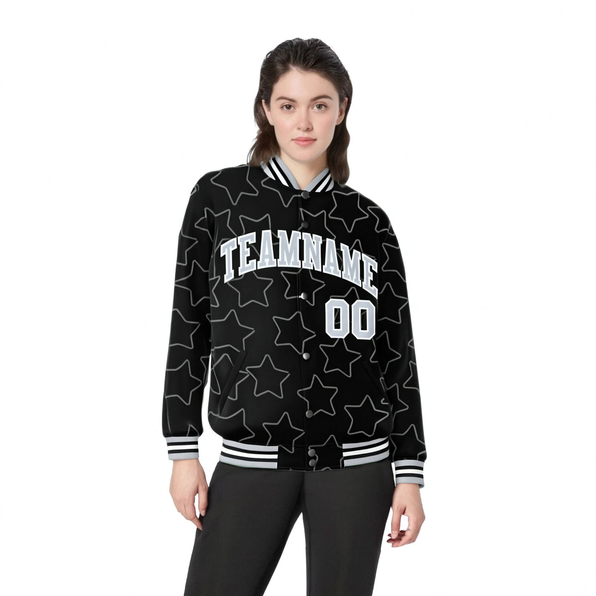 Custom Black Gray-White Varsity Full-Snap Star Pattern Letterman Baseball Jacket