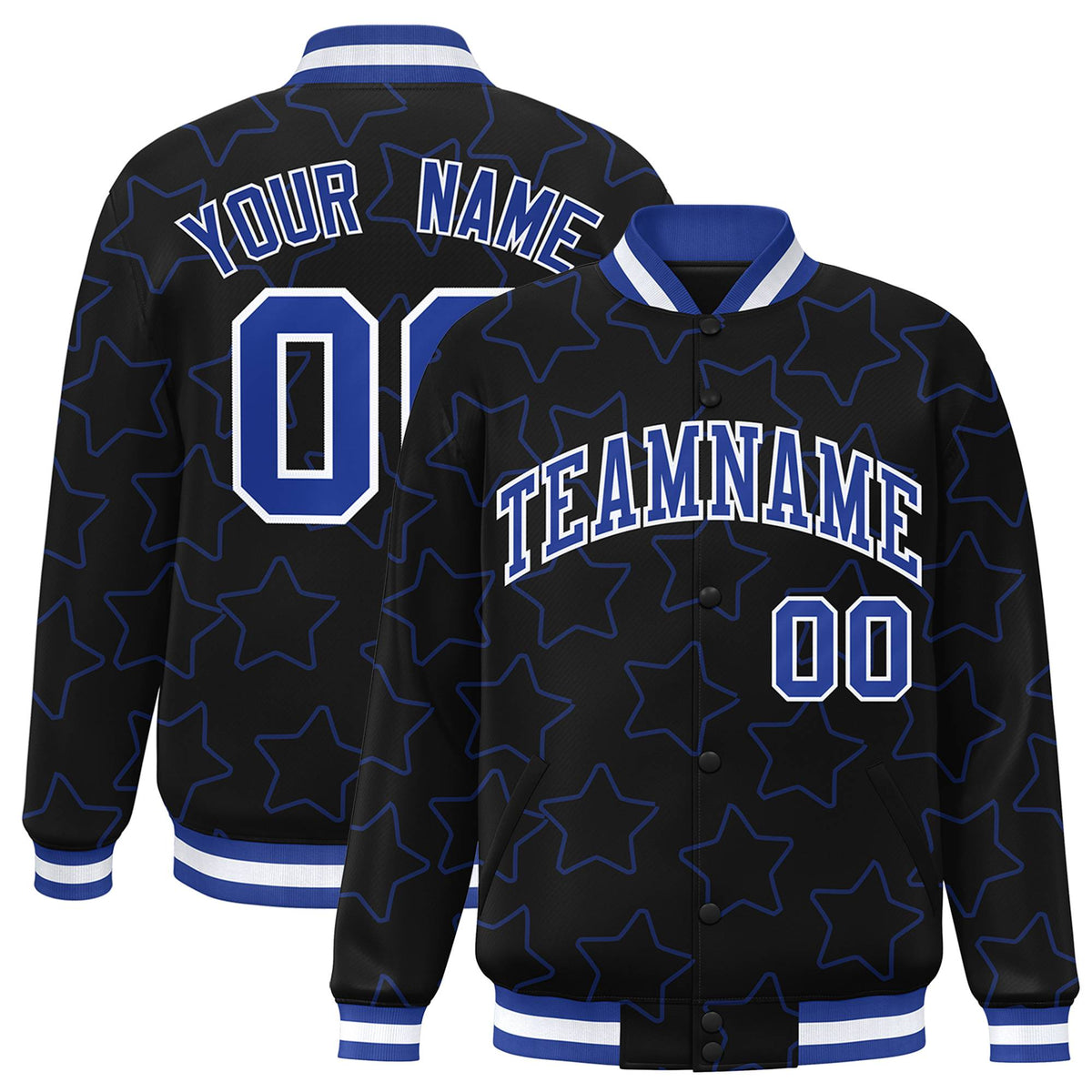 Custom Black Royal Blue-White Varsity Full-Snap Star Pattern Letterman Baseball Jacket