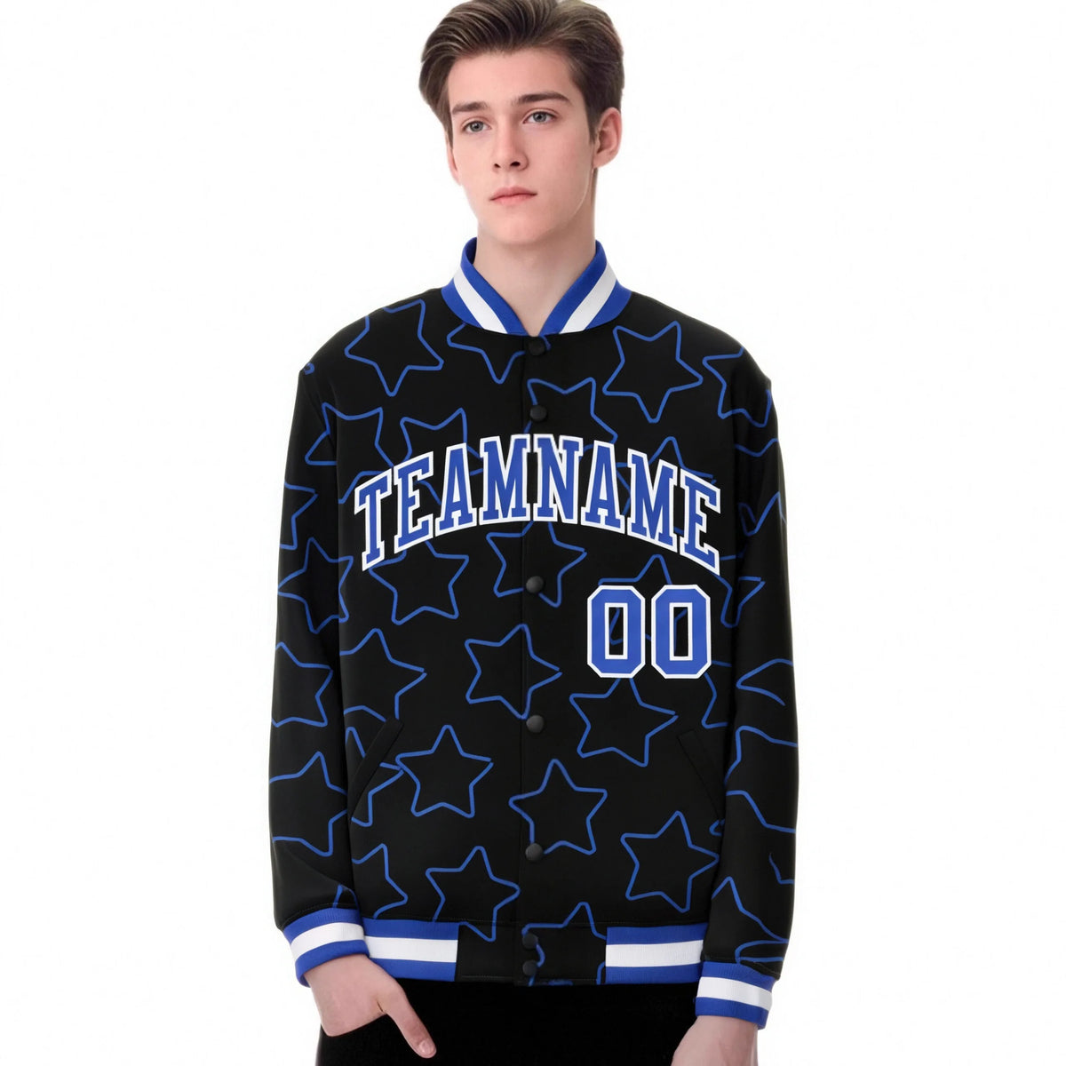 Custom Black Royal Blue-White Varsity Full-Snap Star Pattern Letterman Baseball Jacket