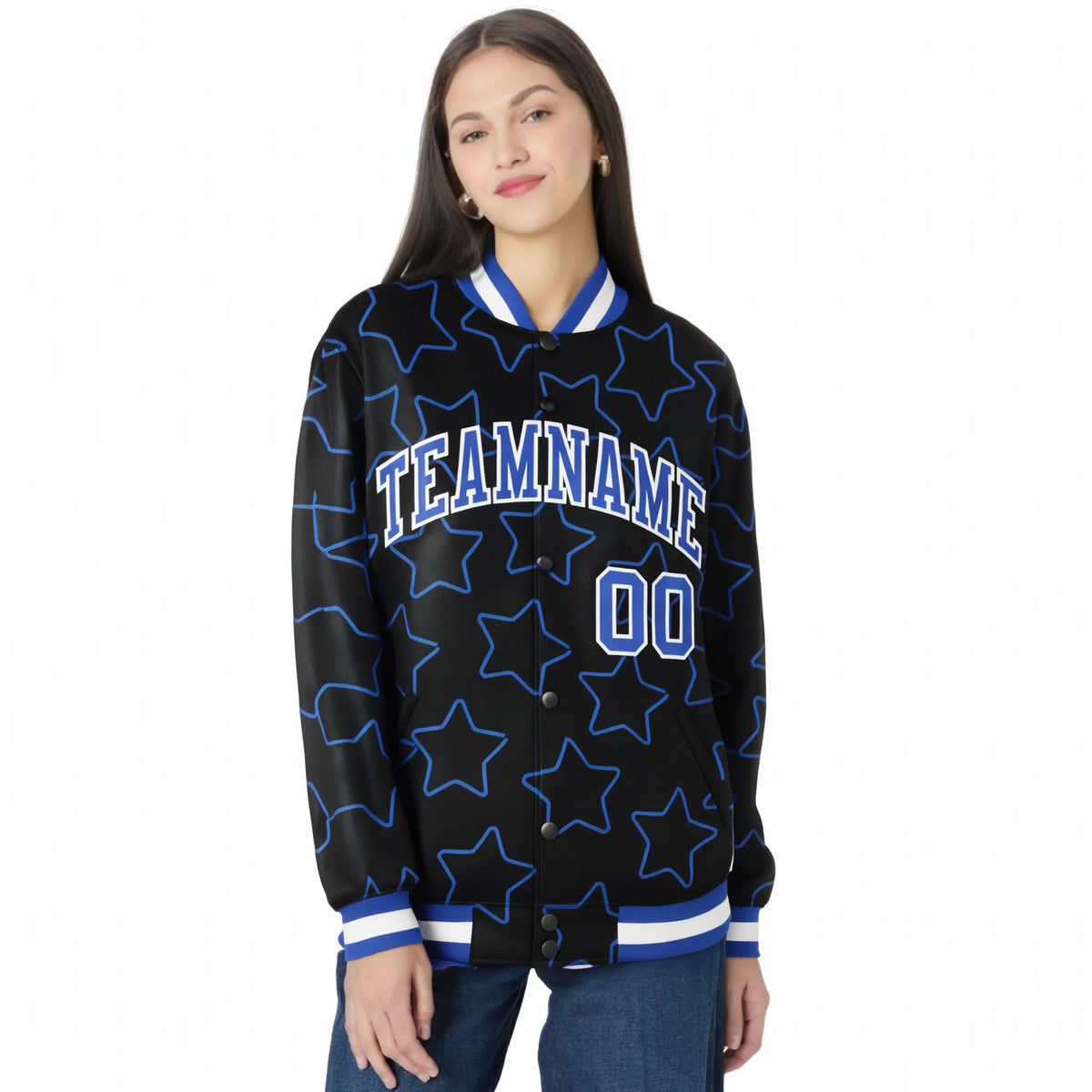 Custom Black Royal Blue-White Varsity Full-Snap Star Pattern Letterman Baseball Jacket