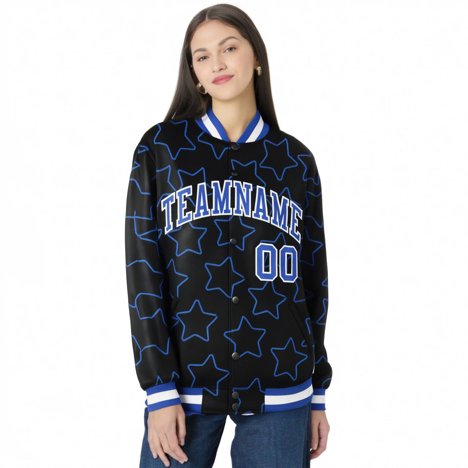 Custom Black Royal Blue-White Varsity Full-Snap Star Pattern Letterman Baseball Jacket