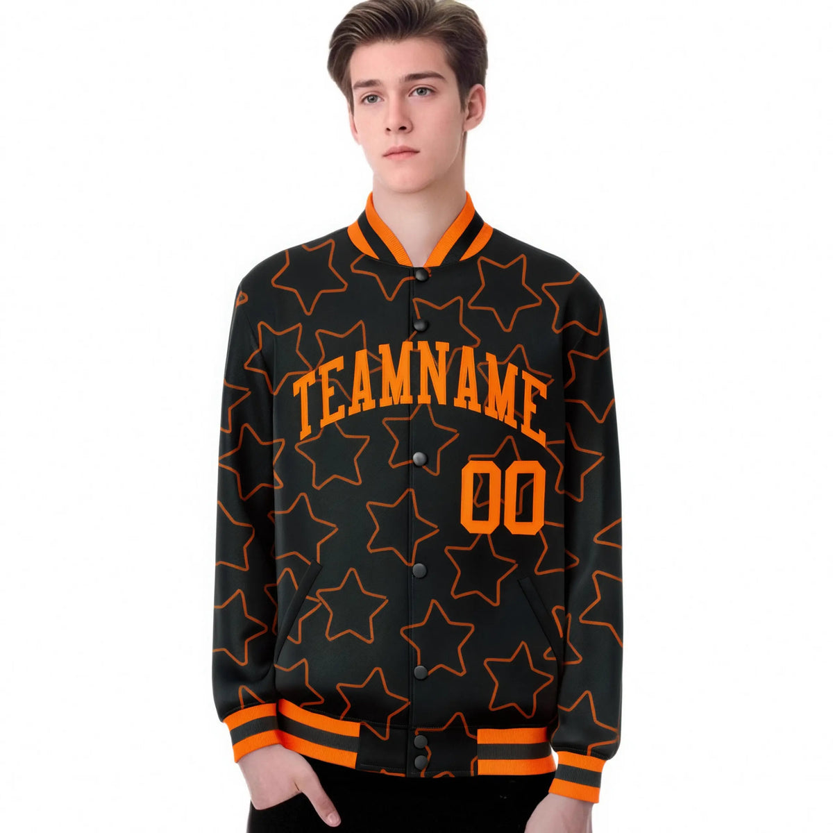 Custom Black Orange Varsity Full-Snap Star Pattern Letterman Baseball Jacket