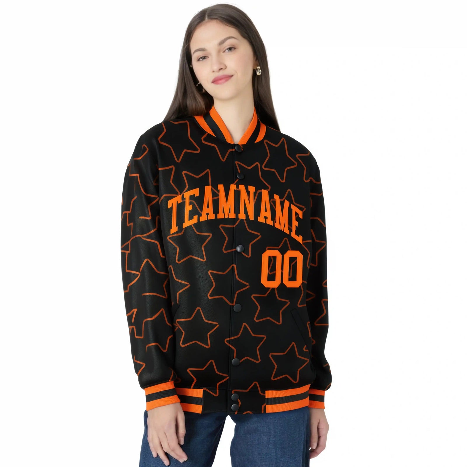 Custom Black Orange Varsity Full-Snap Star Pattern Letterman Baseball Jacket