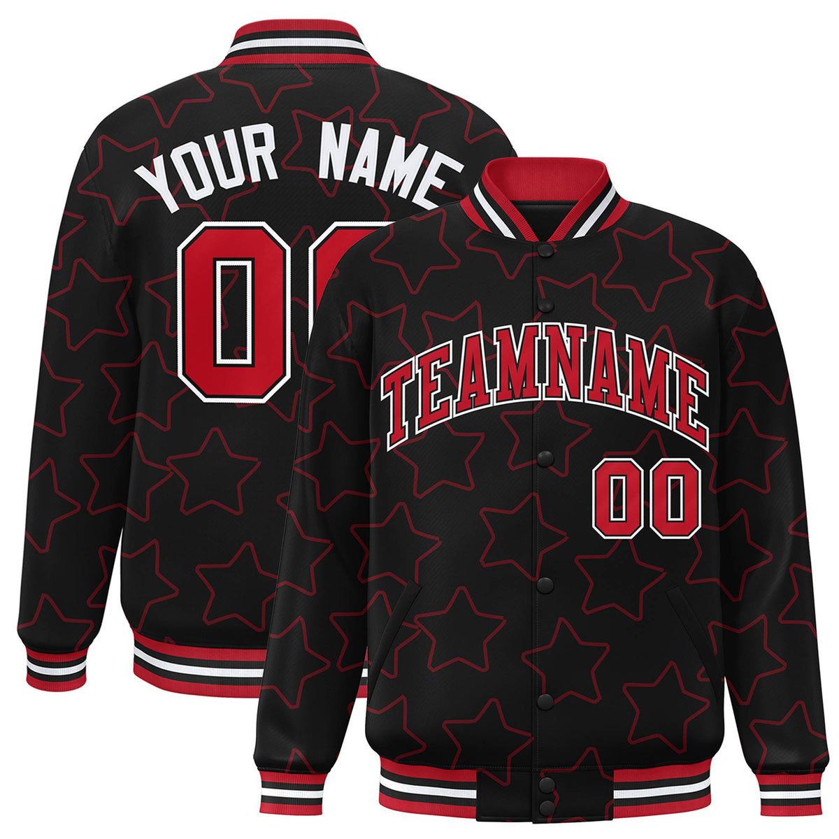 Custom Black Red-White Varsity Full-Snap Star Pattern Letterman Baseball Jacket