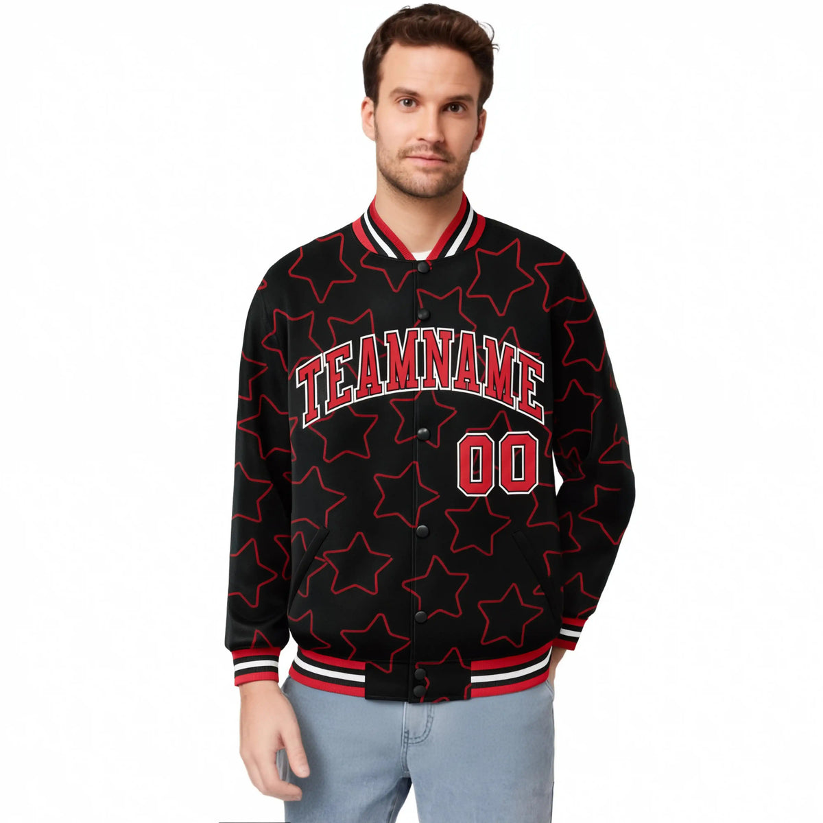Custom Black Red-White Varsity Full-Snap Star Pattern Letterman Baseball Jacket