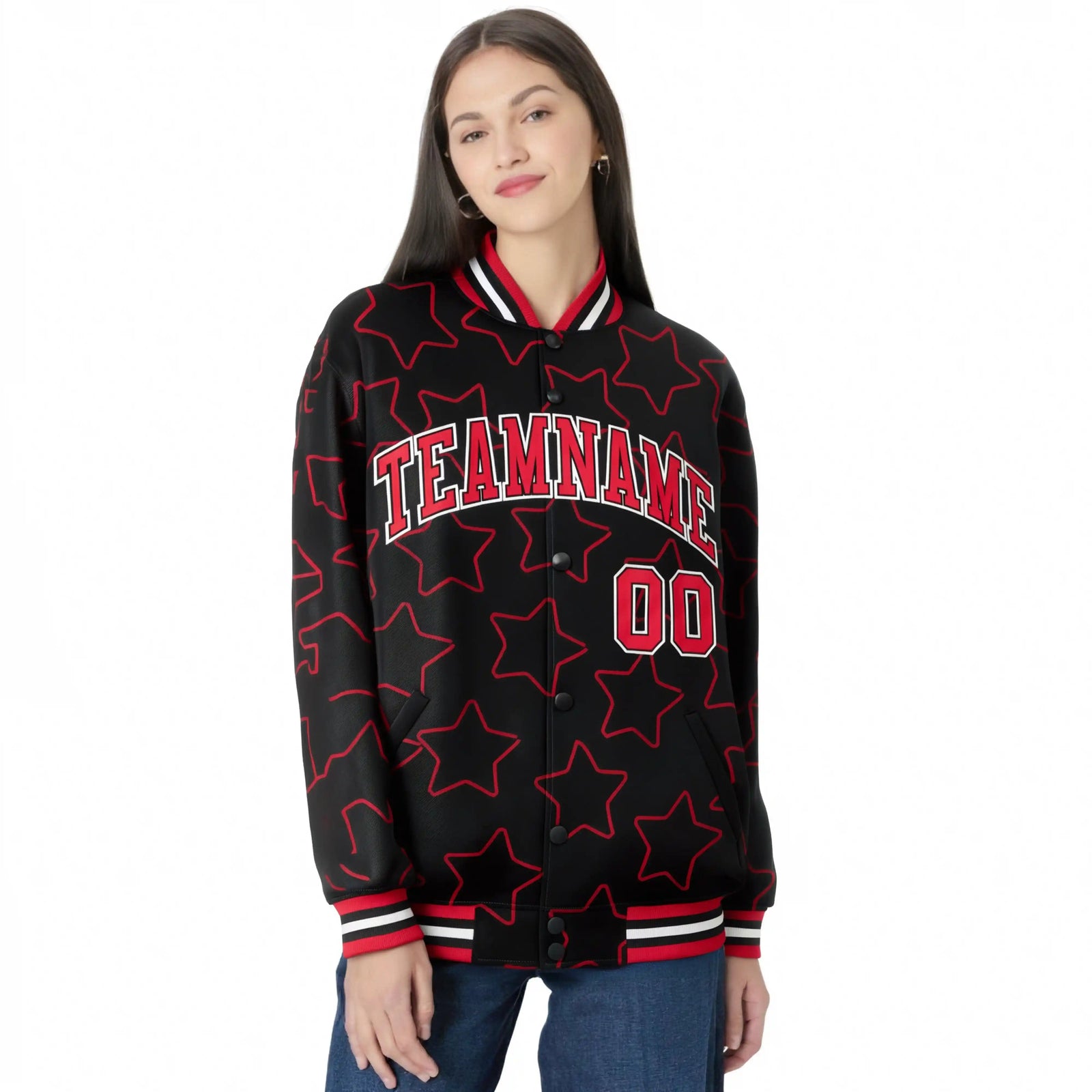 Custom Black Red-White Varsity Full-Snap Star Pattern Letterman Baseball Jacket