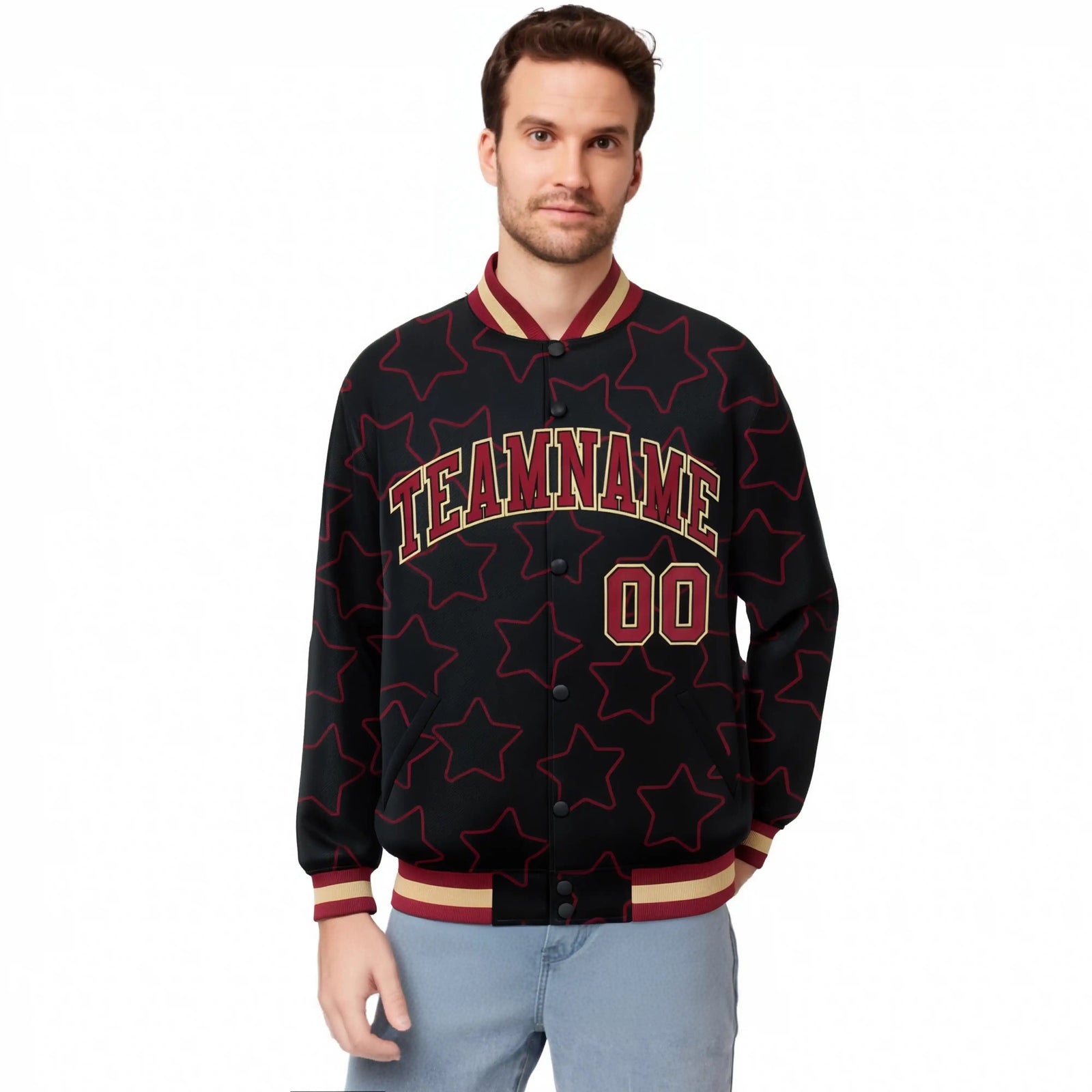 Custom Black Red-Old Gold Varsity Full-Snap Star Pattern Letterman Baseball Jacket
