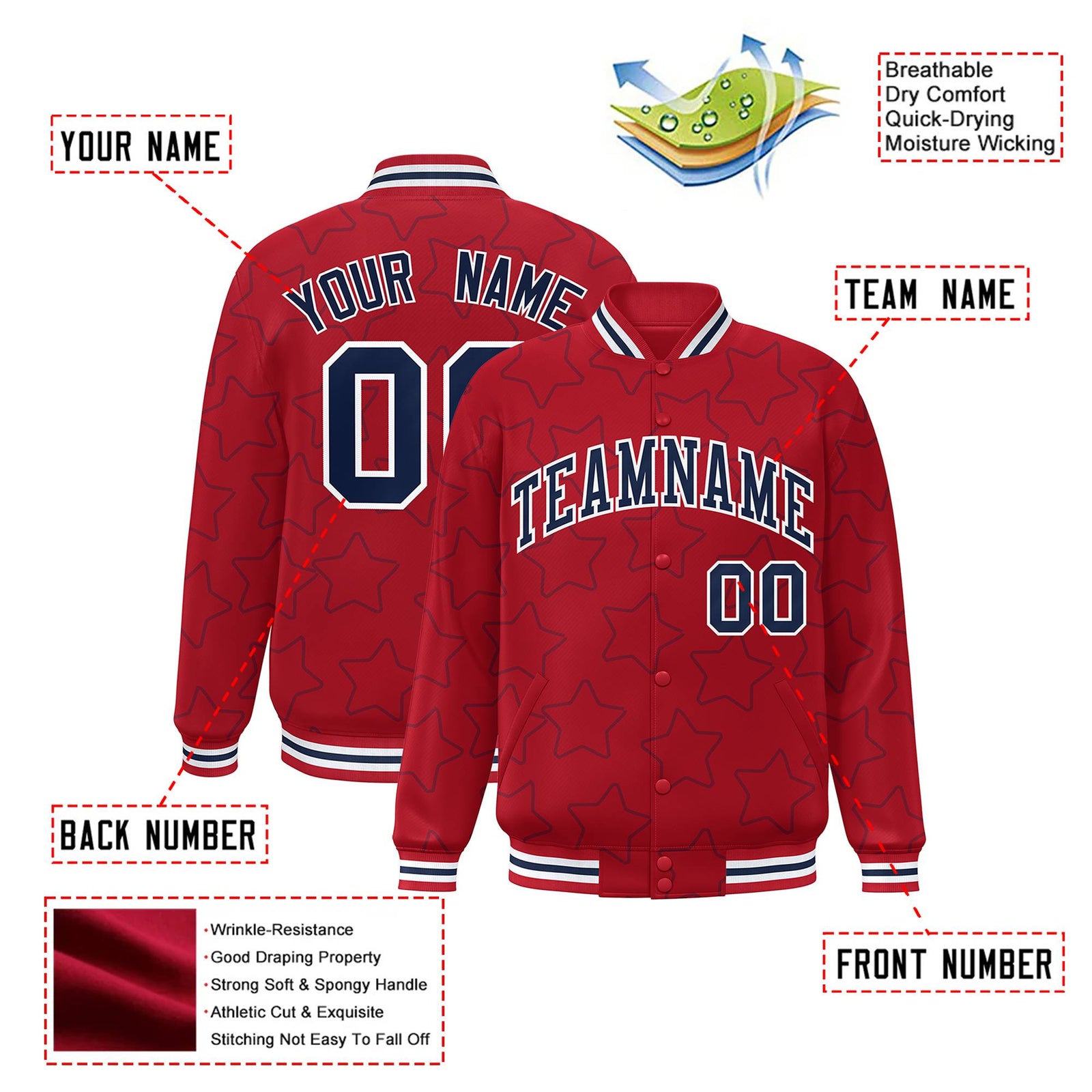 Custom Red Navy-White Varsity Full-Snap Star Pattern Letterman Baseball Jacket