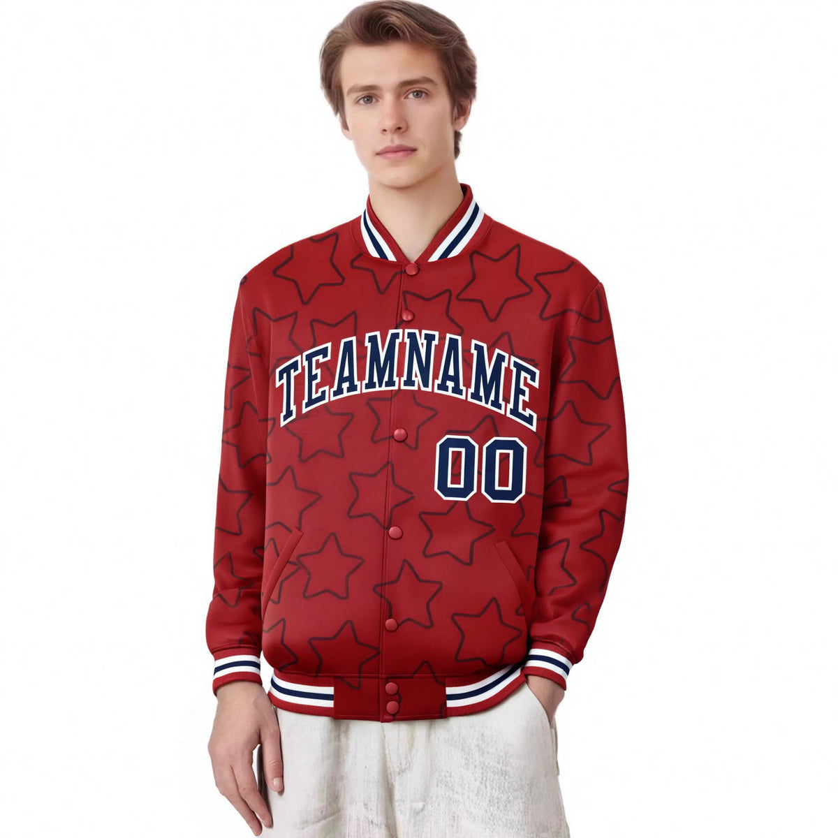 Custom Red Navy-White Varsity Full-Snap Star Pattern Letterman Baseball Jacket