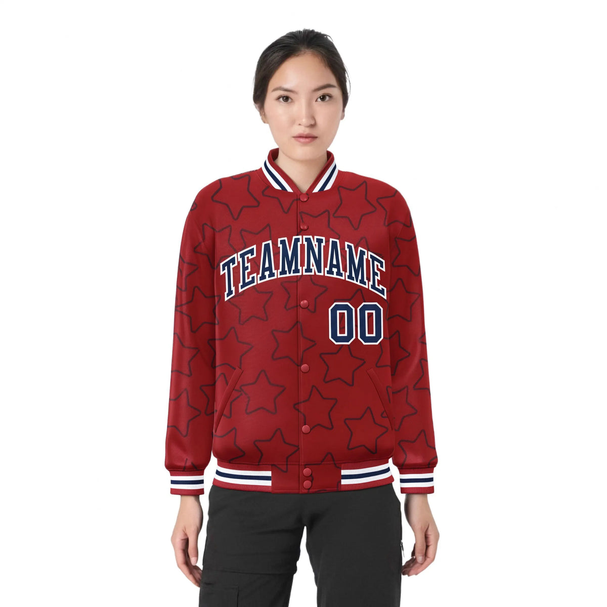 Custom Red Navy-White Varsity Full-Snap Star Pattern Letterman Baseball Jacket