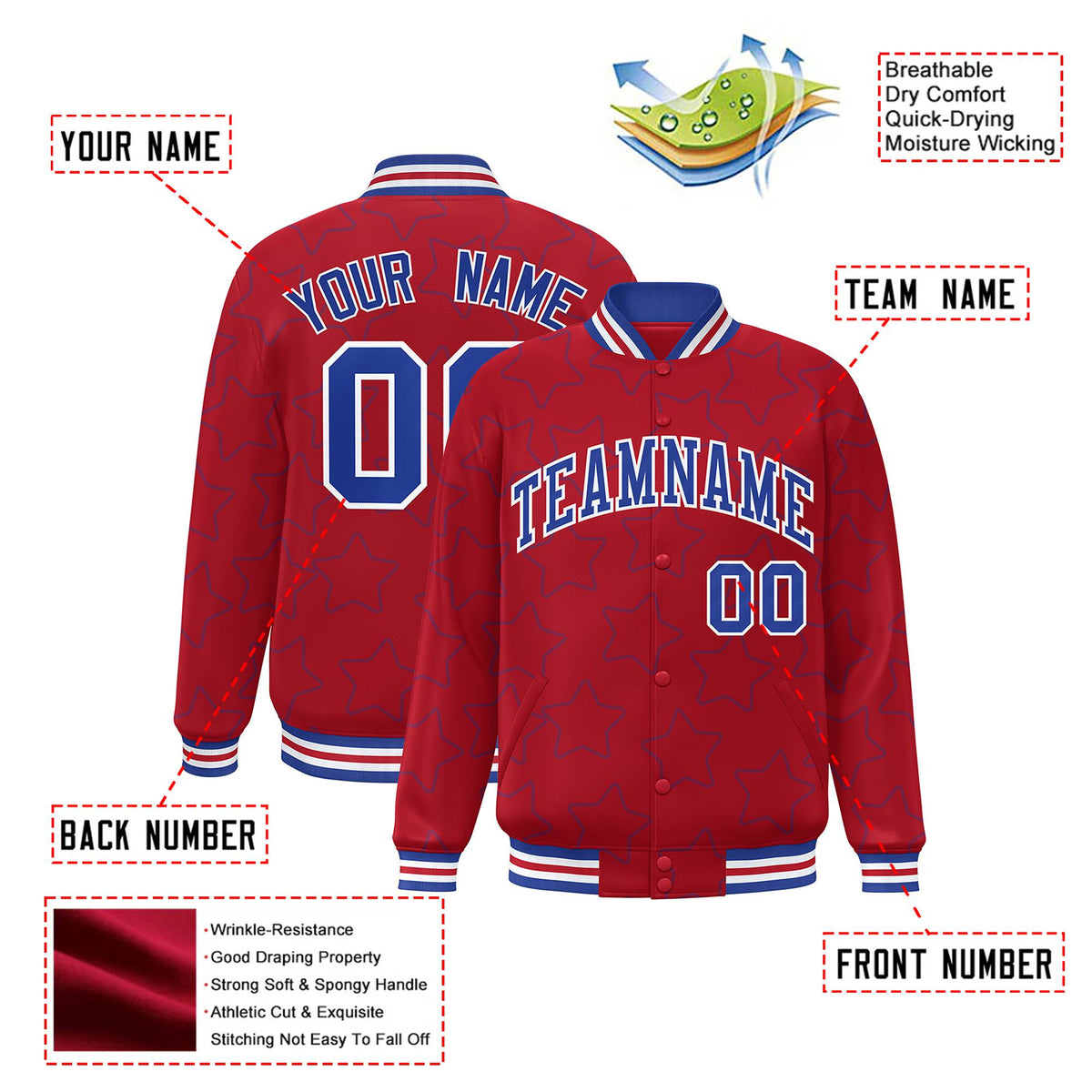 Custom Red Royal Blue-White Varsity Full-Snap Star Pattern Letterman Baseball Jacket