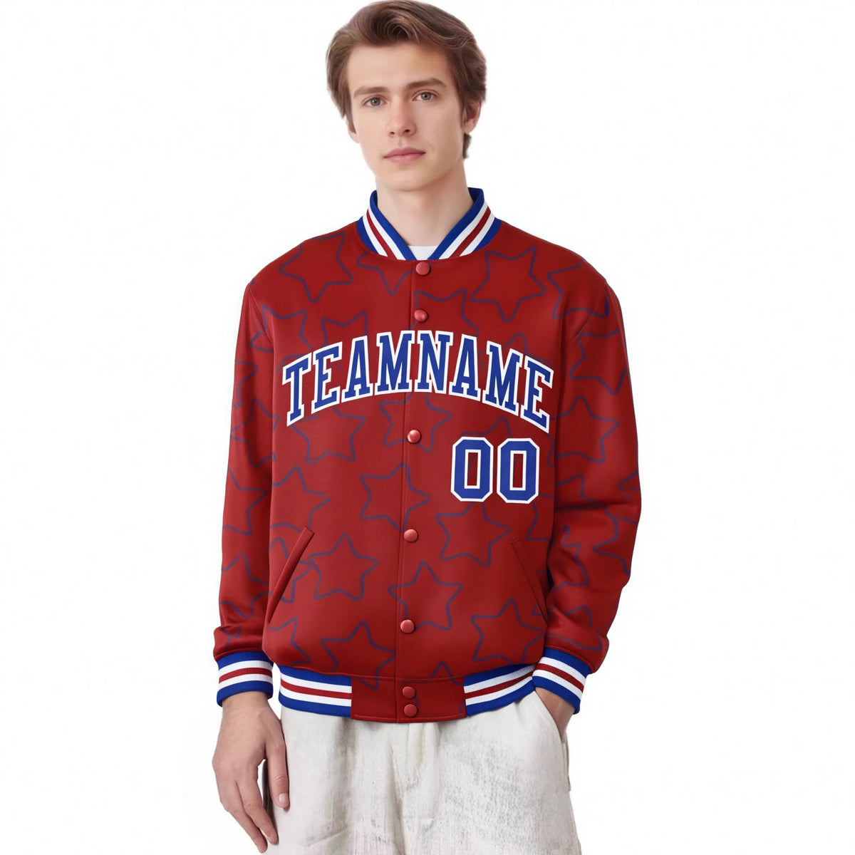 Custom Red Royal Blue-White Varsity Full-Snap Star Pattern Letterman Baseball Jacket